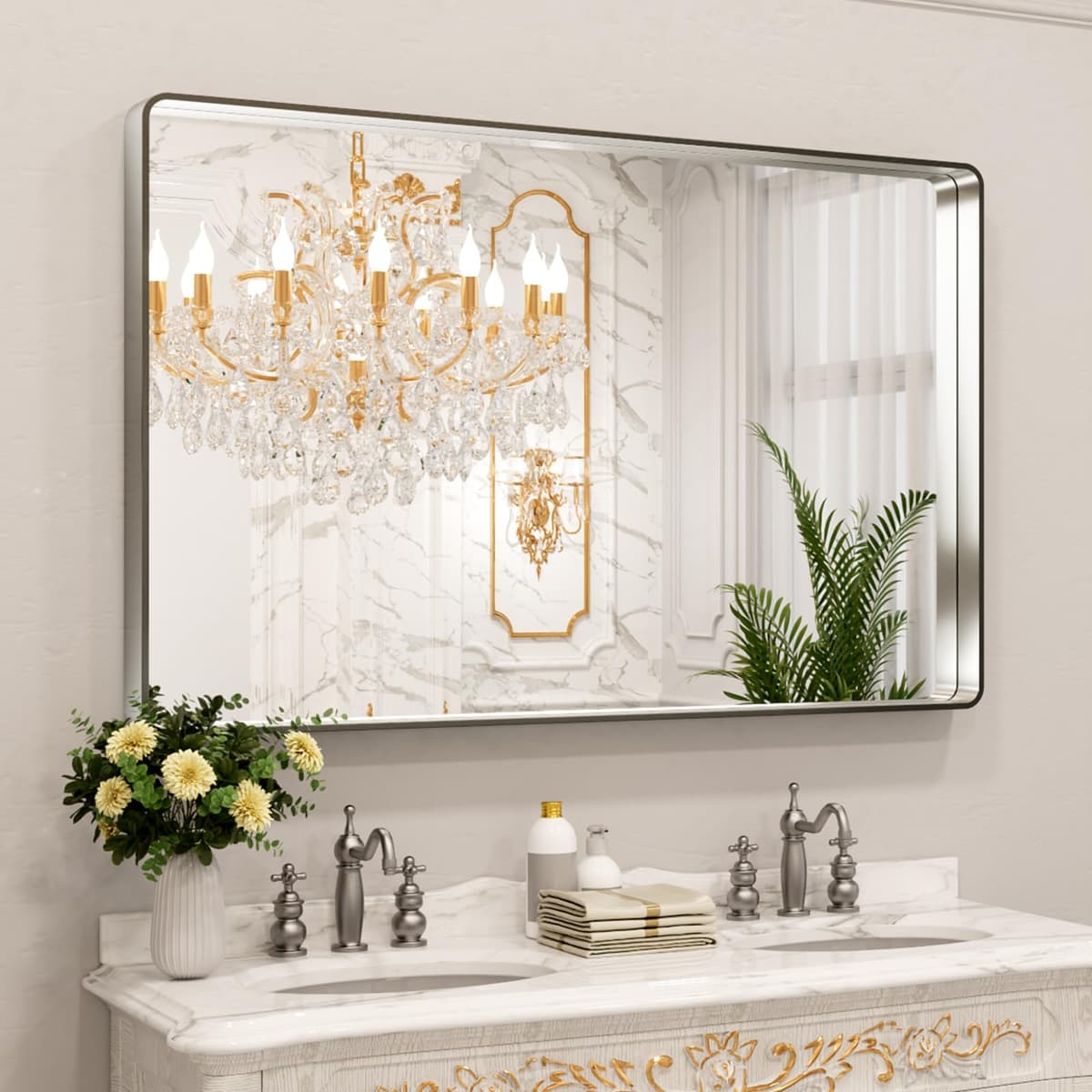 LOAAO 48”X36” Gold Bathroom Mirror, Rounded Rectangle Gold Frame Mirror, Brushed Gold Bathroom Vanity Mirror Wall-Mounted, Anti-Rust, Tempered Glass, Hangs Horizontally or Vertically — view 53
