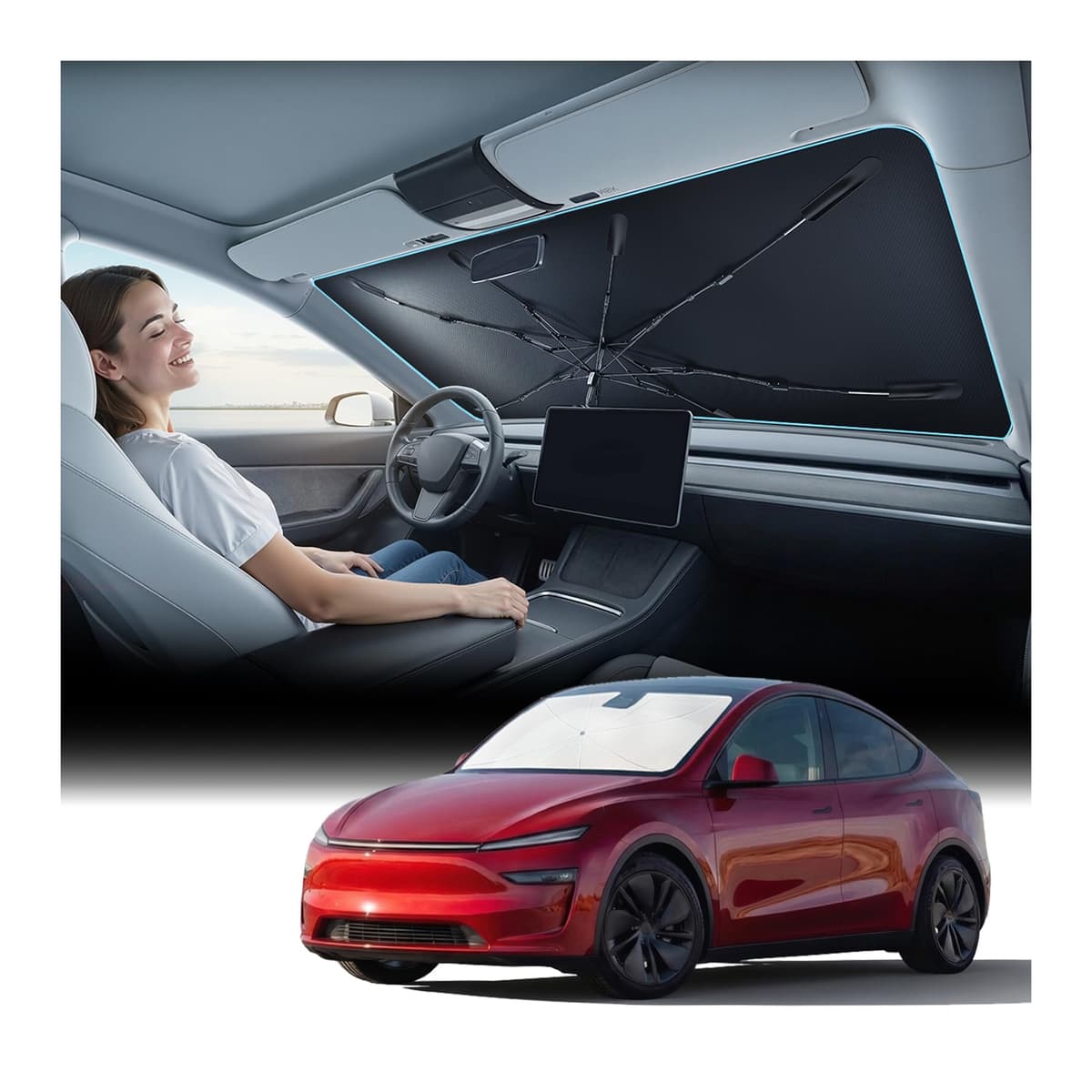 [Upgraded] Nmoiss Windshield Sun Shade Umbrella - [Vinyl Coating Heat Shield] Protect Car from Sun Rays & Heat Damage Keep Cool and Protect Interior, Spring Structure Edge Medium 56" L x 31" W — view 11