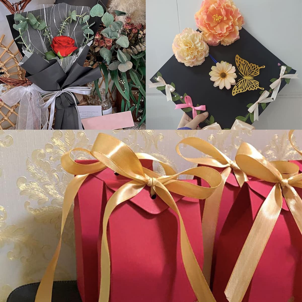 Champagne Gold Satin Ribbon 10mm, 23 Meters Champagne Fabric Ribbons Double Sided Silk Ribbons for Gift Wrapping, Crafting, Hair Bows, Balloons, Wreaths, Cakes, Wedding Party, Christmas Decoration — view 5