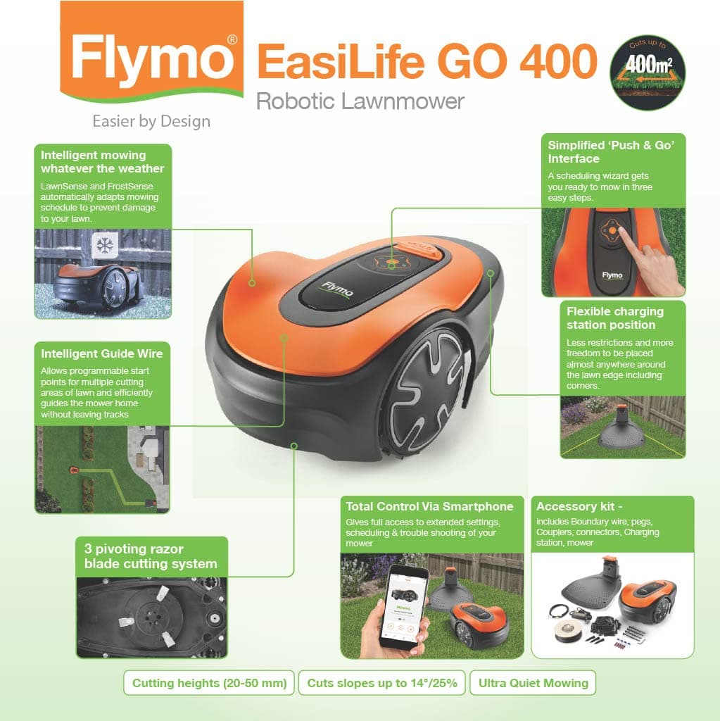 Flymo EasiLife GO 400 Robotic Lawn Mower for the perfect manicured lawn. Easy set-up and installation. Convenient app control. Quietly Safely cuts up to sqm, orange and grey, 400m2 — view 2