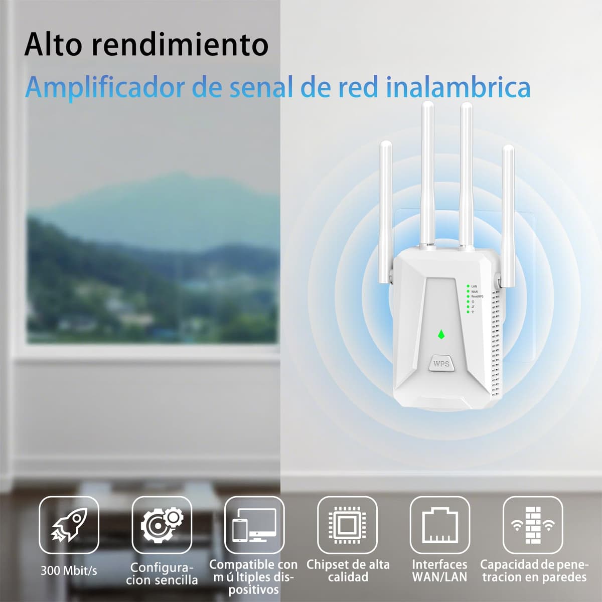 Repetidor WiFi Largo Alcance, Amplificador Señal WiFi 2.4 GHz con 4 Antenas, Extender con Puerto Ethernet 300 Mbps, Compatible con Todos los Routers, Botón Repetidor/Router/Ap (Blanco) — view 2