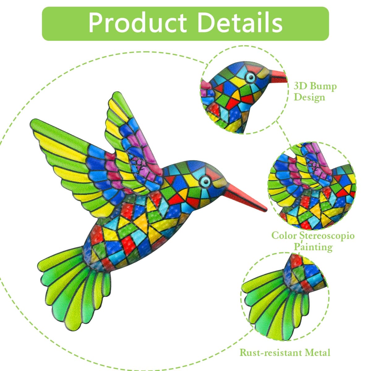 Weysoo 2 Pcs Metal Hummingbird Garden Ornaments Outdoor,Wrought Iron Colorful Hummingbird Wall Decor for Outside Garden Patio Fence Home Bedroom Hanging Decoration — view 3