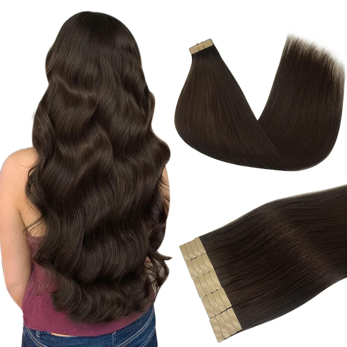DOORES Tape in Hair Extensions Human Hair, Balayage Dark Brown to Chestnut Brown 50g 20pcs 18 Inch, Human Hair Extensions Natural Remy Straight Skin Weft — view 57
