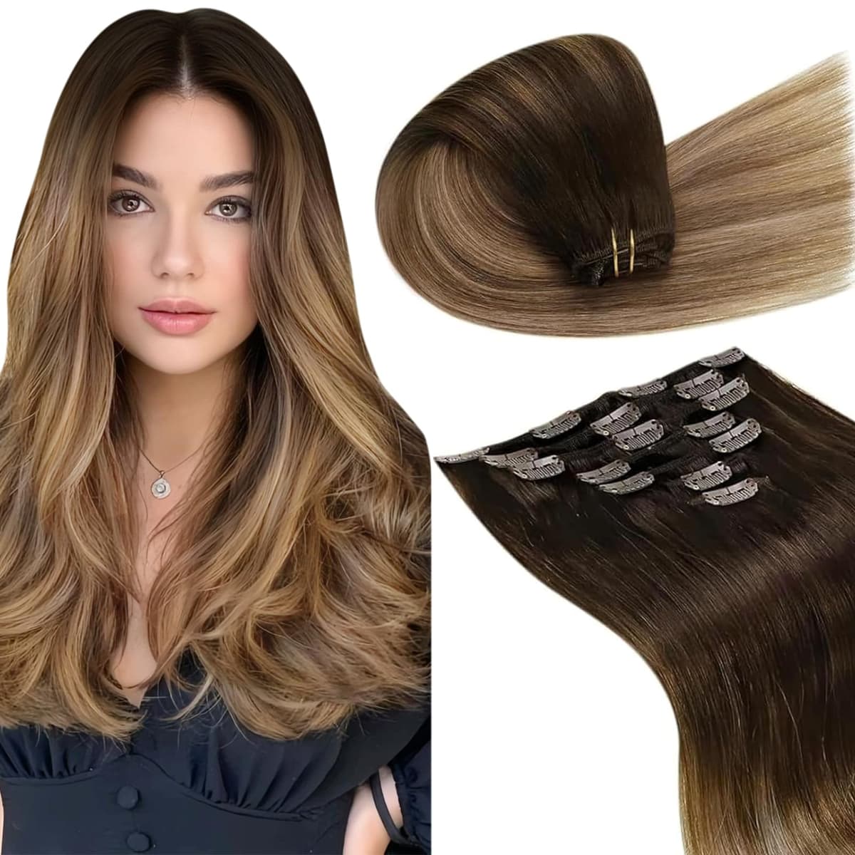 LaaVoo Hair Extensions Clip in Real Human Hair Brown Clip in Hair Extensions Dark Brown Remy Straight Hair Full Head Double Weft 80g 5pcs 14 Inch #4 — view 78