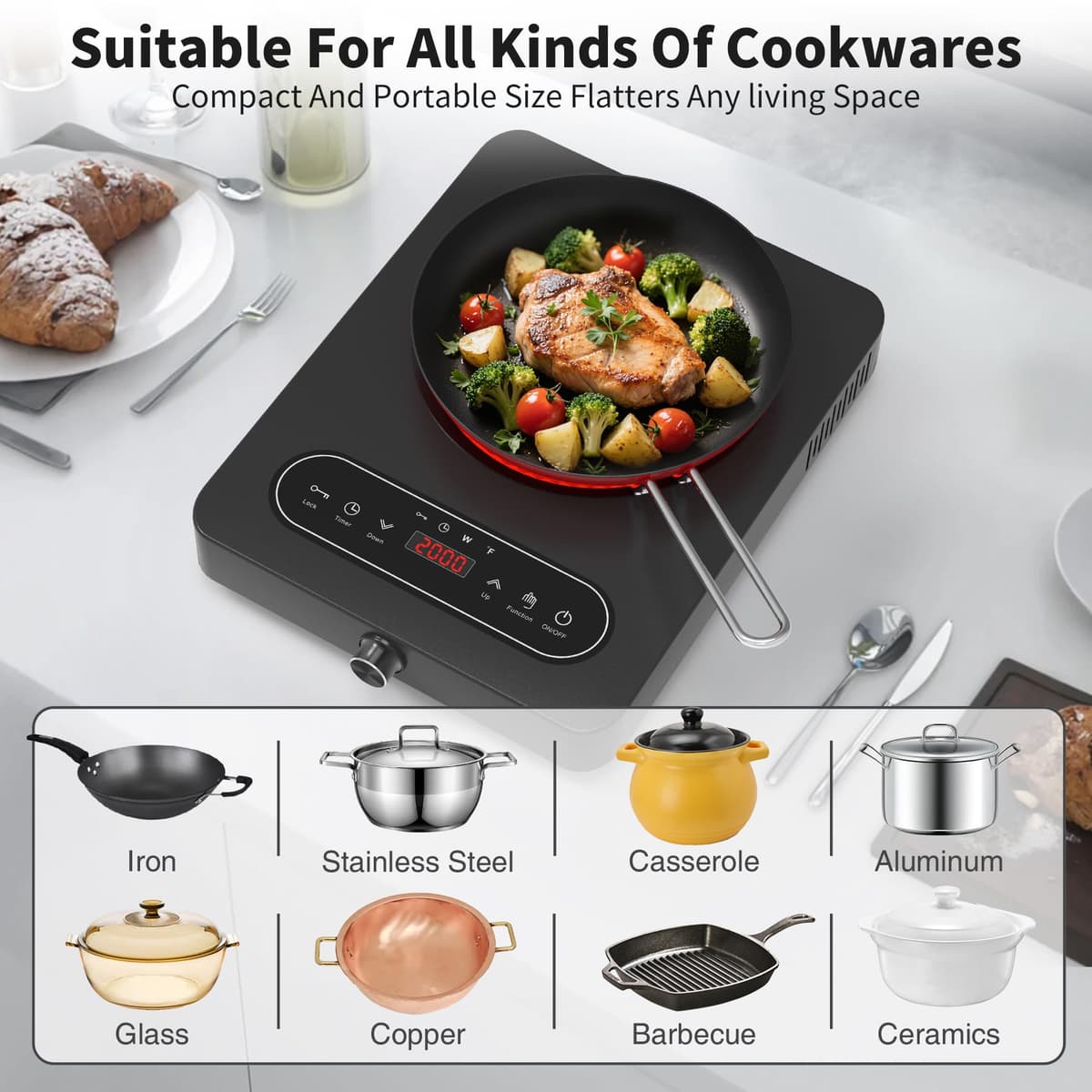 VBGK Portable Ceramic Hob, Single Electric Hob with Knob, LED Display, 10 Power & Temperature Settings, 4-Hours Timer, Safety Lock, Portable Electric Cooktop for All Cookware — view 5