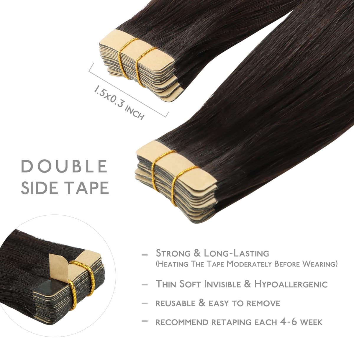 WENNALIFE Tape in Hair Extensions, 20pcs 22 Inch 50g Dark Brown Remy Human Hair, Real Tape Extensions Coloured — view 3