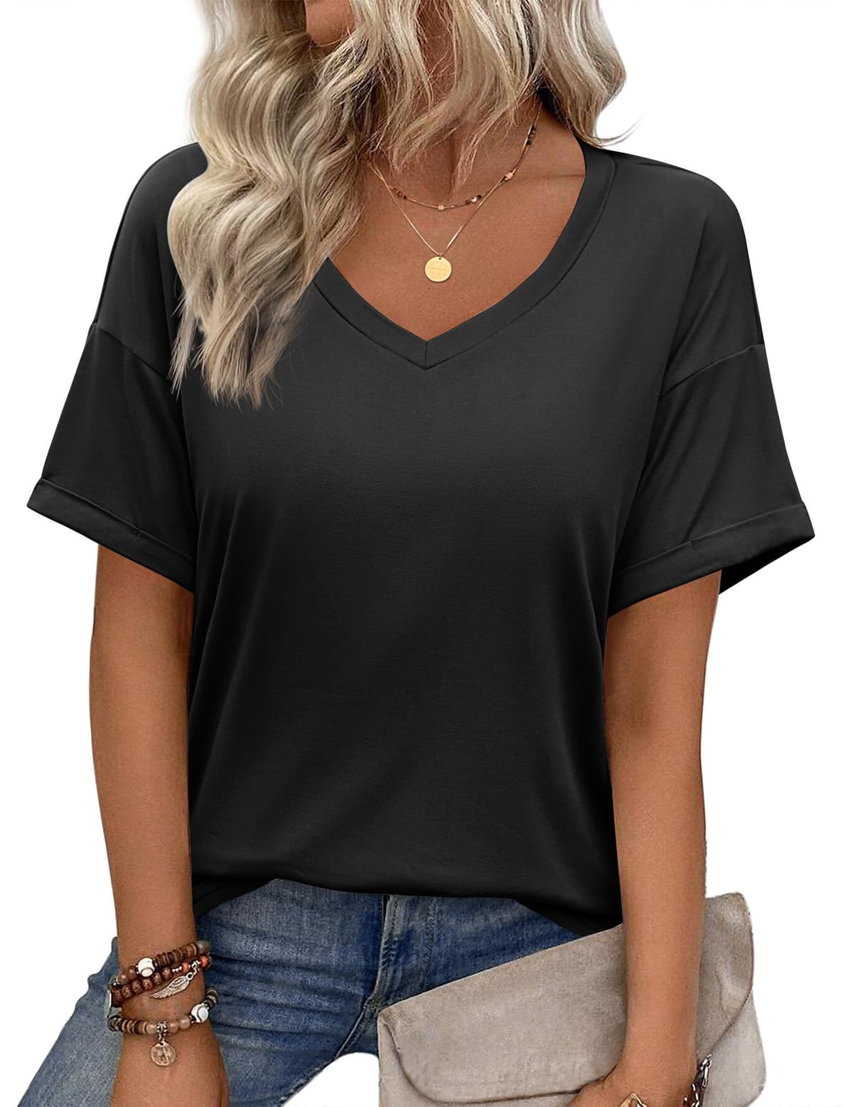 Zeagoo Camiseta básica de manga corta con cuello en V para mujer, para verano, informal, holgada, floral, blusa — view 11