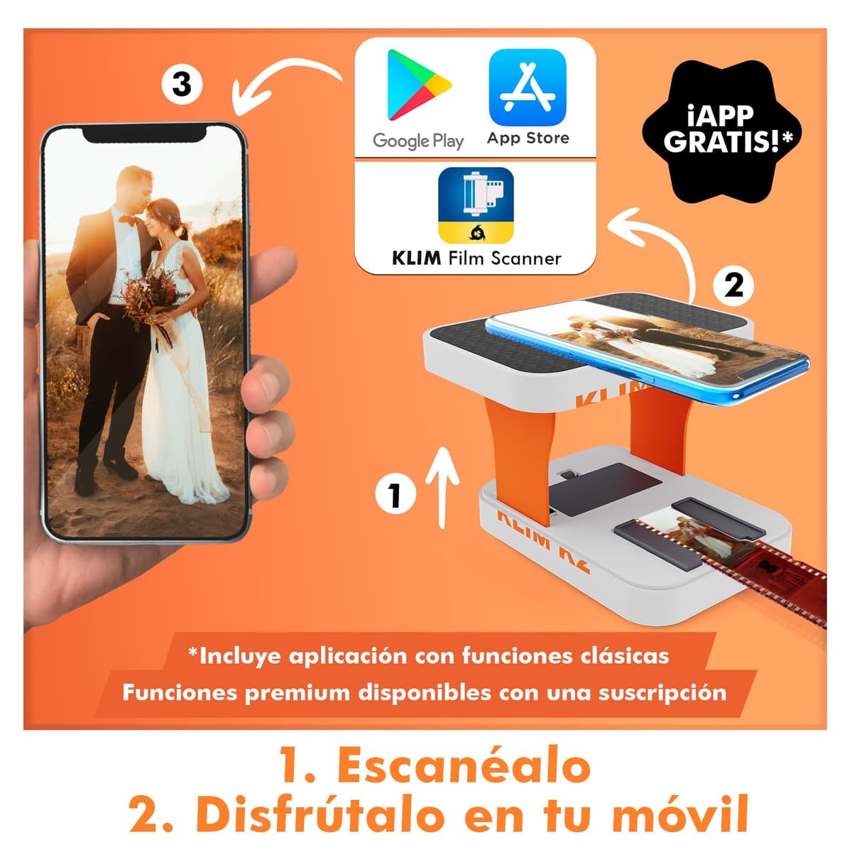 KLIM K2 Escaner Negativos 35mm - App Gratuita - Escáner de Positivos, Escaner de Diapositivas, Visor Diapositivas, Digitalizador Negativos - El Mejor escáner para Fotos Antiguas - Naranja y Gris — view 3