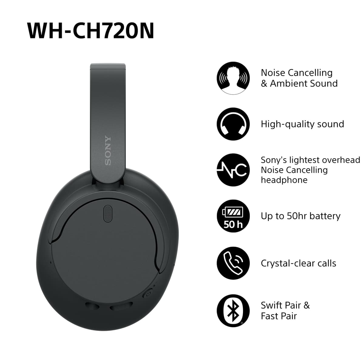 Sony WH-CH720N Wireless Bluetooth Noise Cancelling Over-Ear Headphones, Ambient Sound Mode, Lightweight Design, up to 35 hr battery life, iOS & Android - Black — view 2