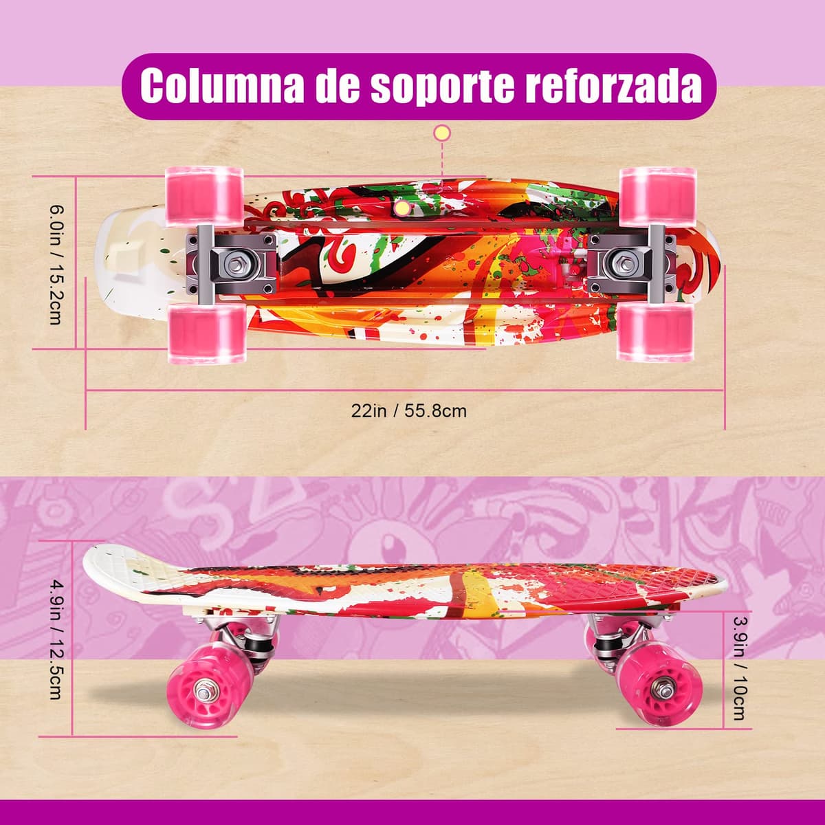 Monopatín Skateboard Completo Niños con 4 Ruedas LED para Niño y Niña Penny Board Mini Cruiser de 55CM con Herramienta T de Patinete Todo-en-uno — view 5