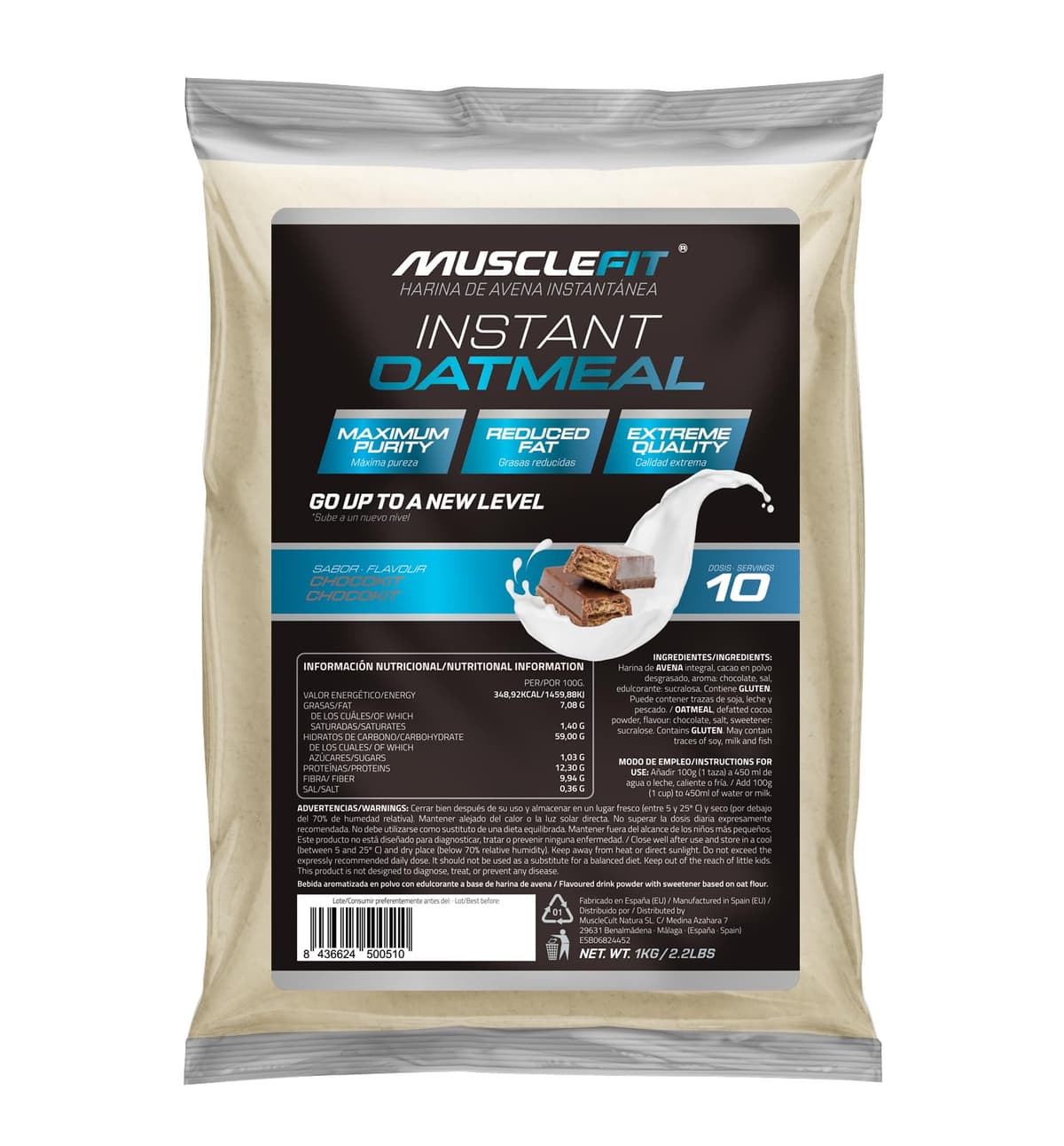 MuscleFit Harina de Avena Integral | 1kg de Avena Molida | Sabor ChocoKit | Oatmeal | Bajo en grasas