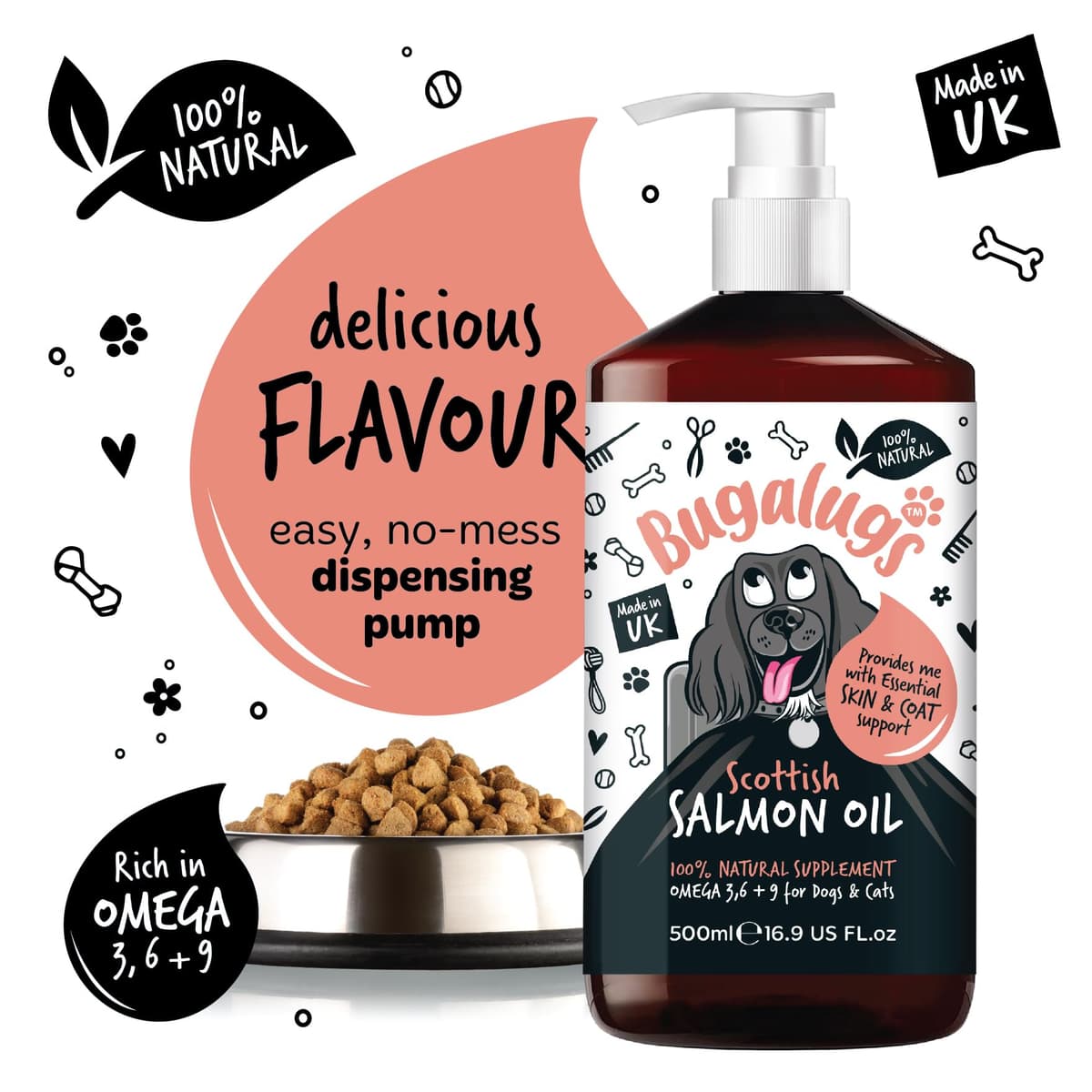 Bugalugs Scottish Salmon Oil For Dogs & Cats, Dog Supplement Support for Skin And Coat, Itchy Skin & Moulting, Omega 3 Fish Oil (Salmon, 500ml) — view 3