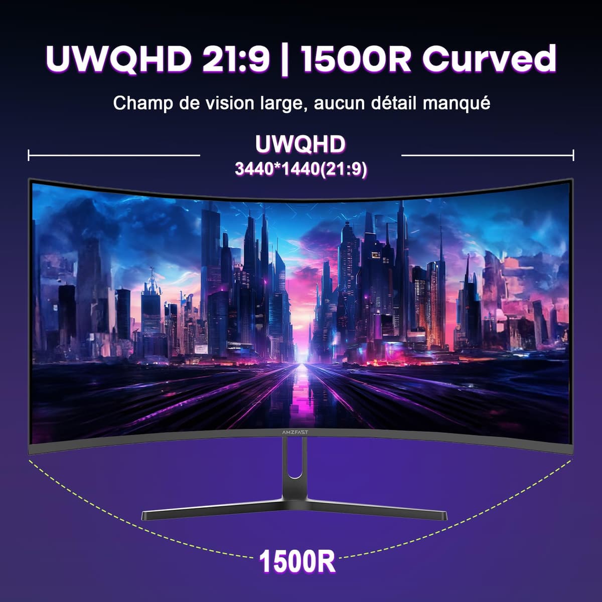 Amzfast 34 Inch Curved Gaming Monitor, 3440x1440p UWQHD, 240Hz, 1ms MPRT, 1500R Curved Screen, Adaptive Sync, HDR, 3000:1 Contrast, 130% sRGB, HDMI2.1&DP1.4, VESA 75x75mm, PIP/PBP, AMZG34C5Q Pro — view 8