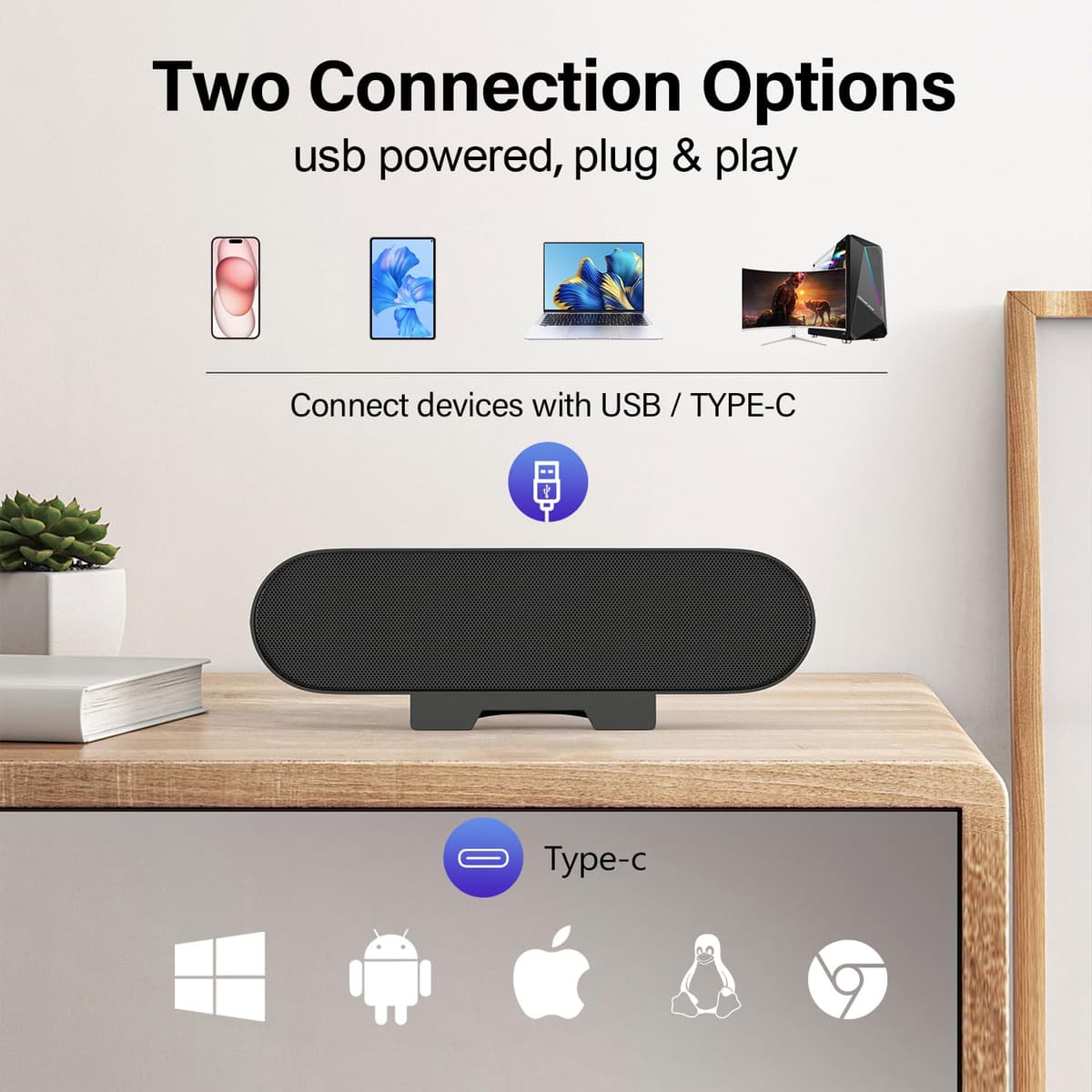 ZETIY USB Speaker for PC, Computer Speakers for Desktop, Monitor Speakers, Mini PC Soundbar, Small Desk Speaker with Clip-on Design for Laptop, Phone - Plug and Play（Black） — view 5