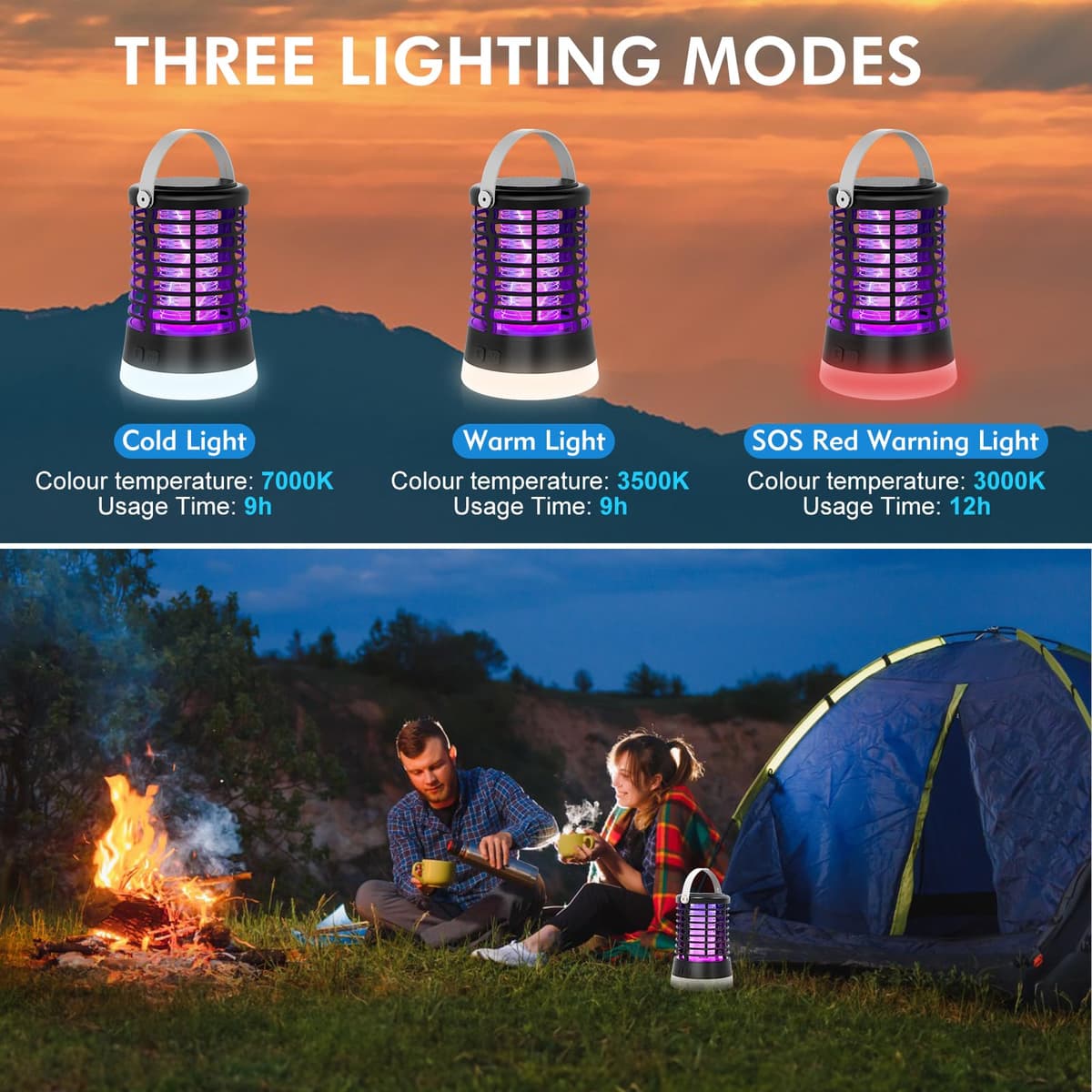 Lámpara Antimosquitos Exterior, Mata Mosquitos Eléctrico 2000V para Camping con Luz LED 3 en 1, Trampa para Mosquitos Recargable USB Tipo-C, IP66 Impermeable, Batería 2200mAh, Uso en Jardín, Terraza — view 3