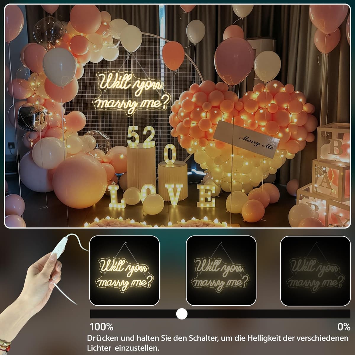 wanxing Will You Marry Me Neon Sign for Wall Decor Wedding LED Letters Neon Sign Powered by USB Light Sign for Proposal Decorations Wedding Party Valentines Day Girlfriend(Warm) — view 5
