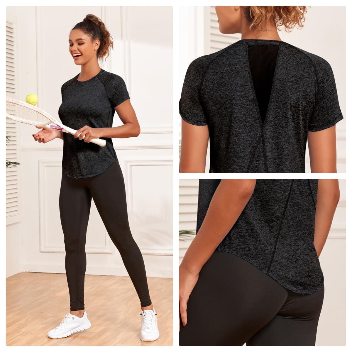 Jlowesun Camisetas deportivas de gimnasio de manga corta para mujer, con malla en la espalda y ajuste holgado, de secado rápido que absorben la humedad — view 5