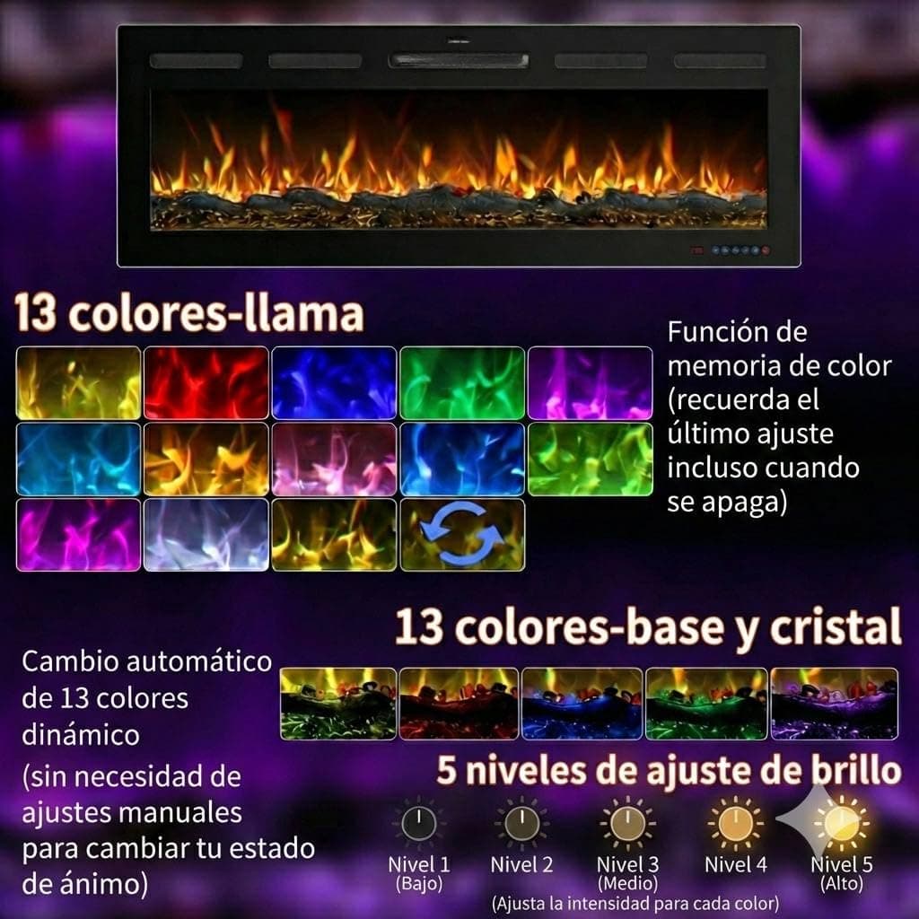 Chimenea Eléctrica Galaxy Pro con WiFi, Alexa y Google Home | Empotrar, Pared o de Pie | 750/1500W | 13 Colores Llama LED | 5 Niveles de Brillo | Sonido Crepitante | Sin Humo | Termostato | 152 cm — view 2