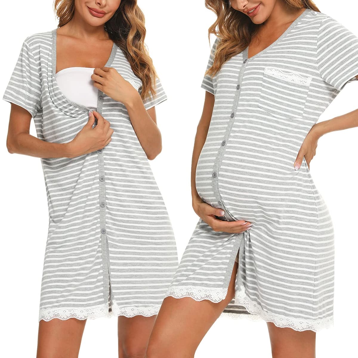 Uniexcosm Camisón Maternidad Lactancia, Camisones Embarazadas Algodon Manga Corta Camison Corto Encaje con Cuello en V Camisón Premamá Ropa para Dormir para Hogar