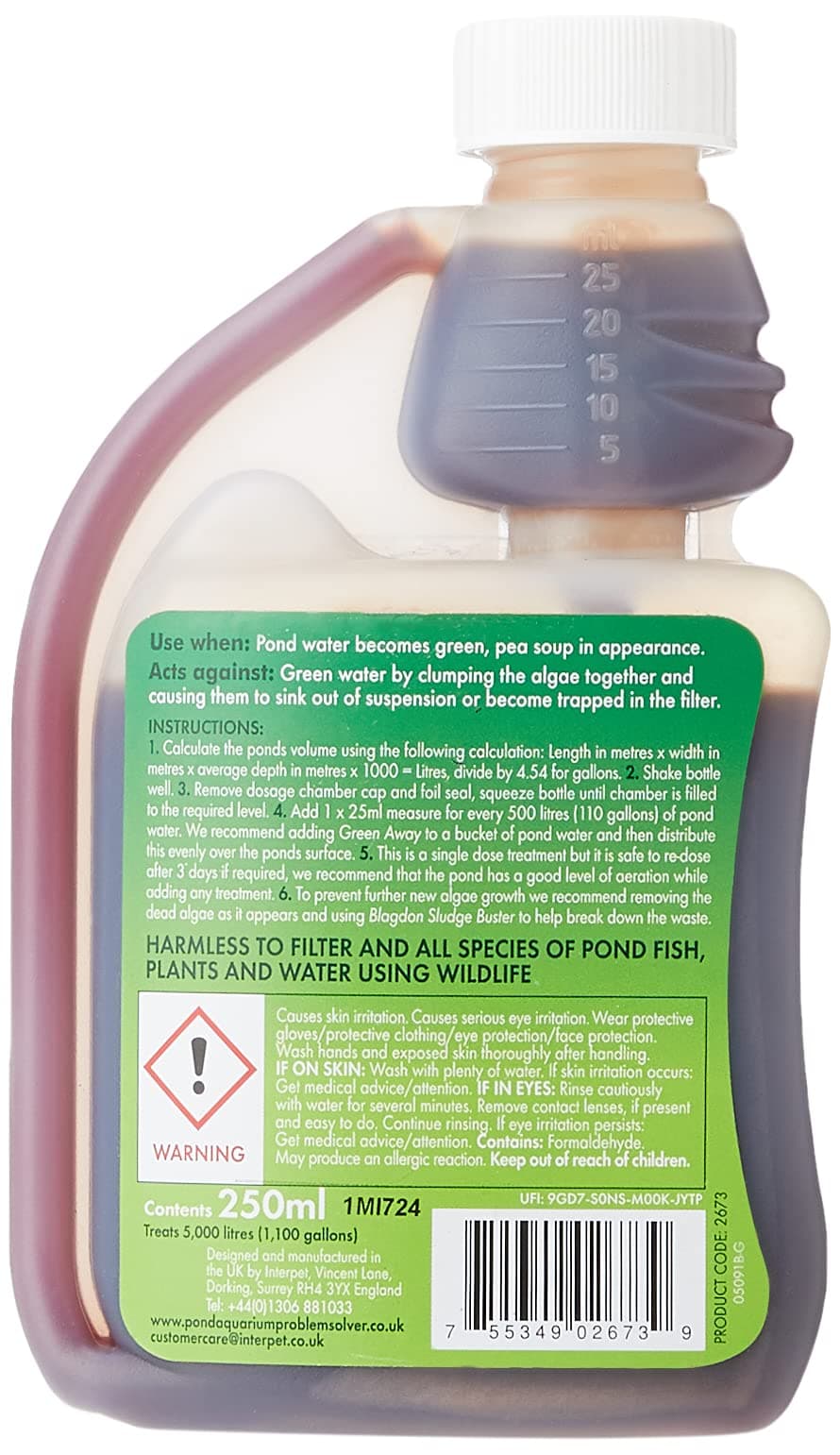 Blagdon Green Away Pond Water Treatment, Clears Green Water and Suspended Algae Particles, Natural, Plant Friendly, Safe for Fish, 250 ml, Treats 5,000 Litres of Water,package may vary — view 2