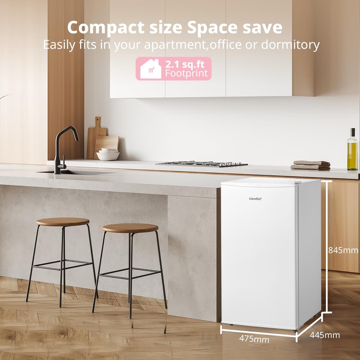 COMFEE' RCU60WH2(E) 60L Freestanding Under Counter Upright Freezer, 4-Star Freezer up to -24°C, 3 Storage Compartmen, Adjustable Thermostat, Reversible Door, White — view 2