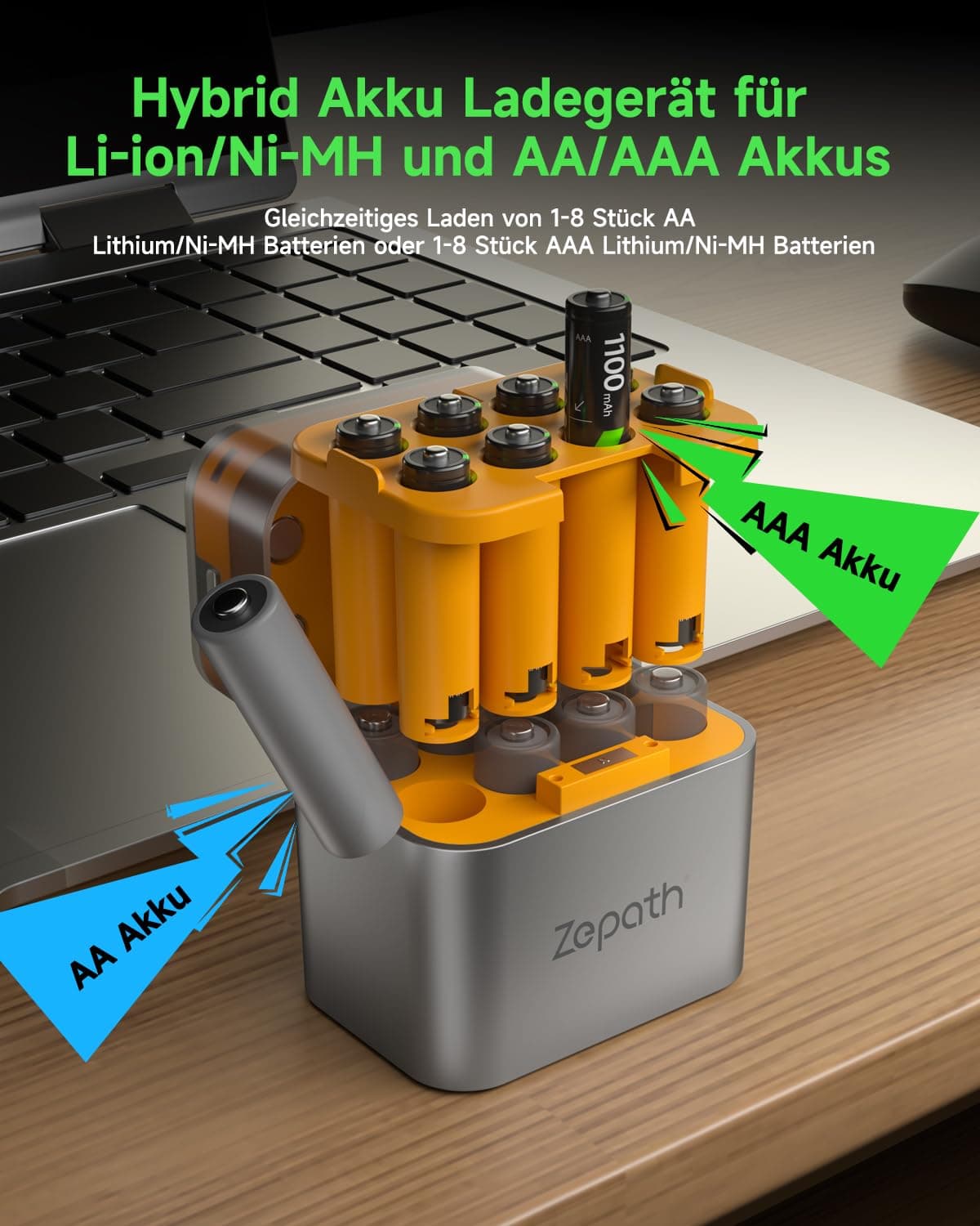 Cargador híbrido de Iones de Litio/NI-MH con 16 Pilas AAA Recargables NI-MH, 1100 mAh de Alta Capacidad, 1,2 V Pilas AAA, 8 Cargadores para Pilas AA/AAA, Caja de Almacenamiento integrada de — view 2
