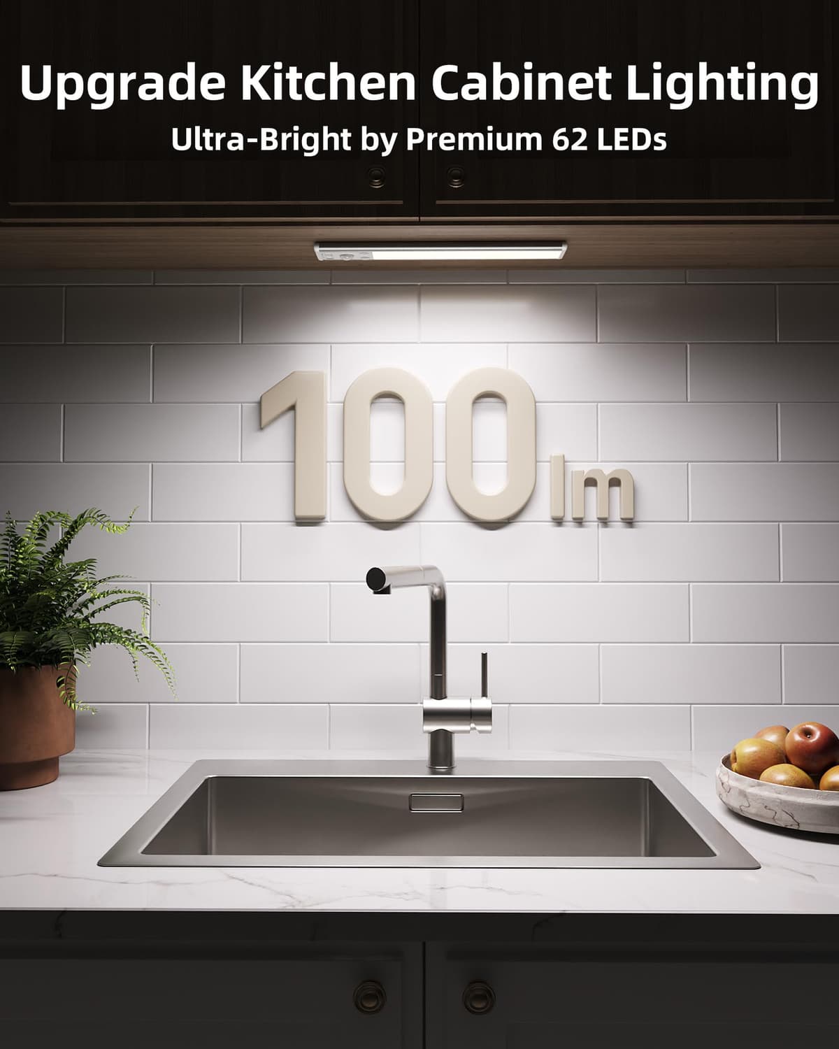EZVALO Under Cabinet Kitchen Lights, 3 Color Dimmable 62 LED Motion Sensor Lights Indoor, 1600mAh Rechargeable LED Lights for Cupboard, Kitchen (20.5cm, 2 Pack) — view 3