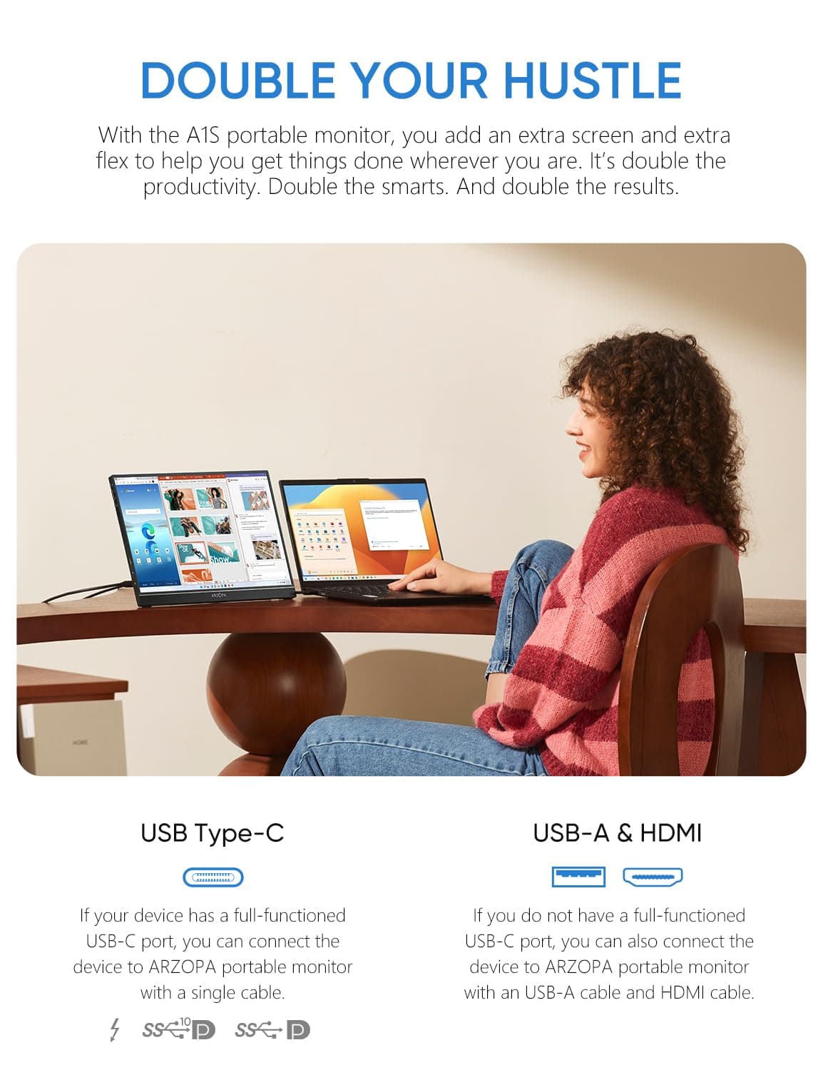 ARZOPA Portable Monitor 14.0" 1920×1080 FHD IPS Portable Monitor for Laptop with Single-rod, Support HDMI/Type-C/USB-C, Eye Protection Gaming Screen for Laptop/PC/Mac/PS3/4/5/Xbox - A1S — view 2