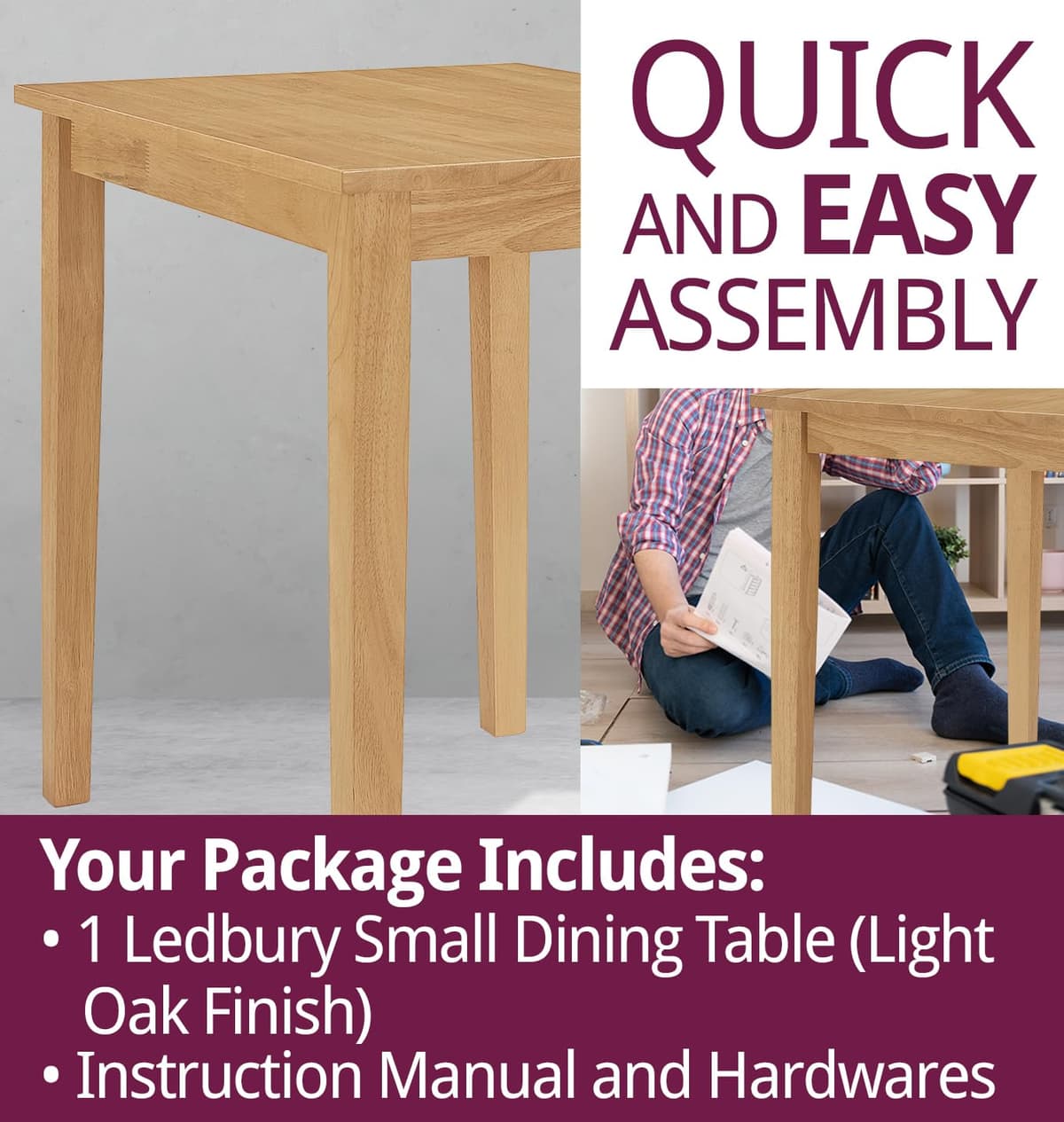 Hallowood Furniture Ledbury Small Rectangular Light Oak Kitchen Table, Wooden & Space-Saving Dining Table for Home, Kitchen, Offices, Apartments and Cafe (80cm) — view 8