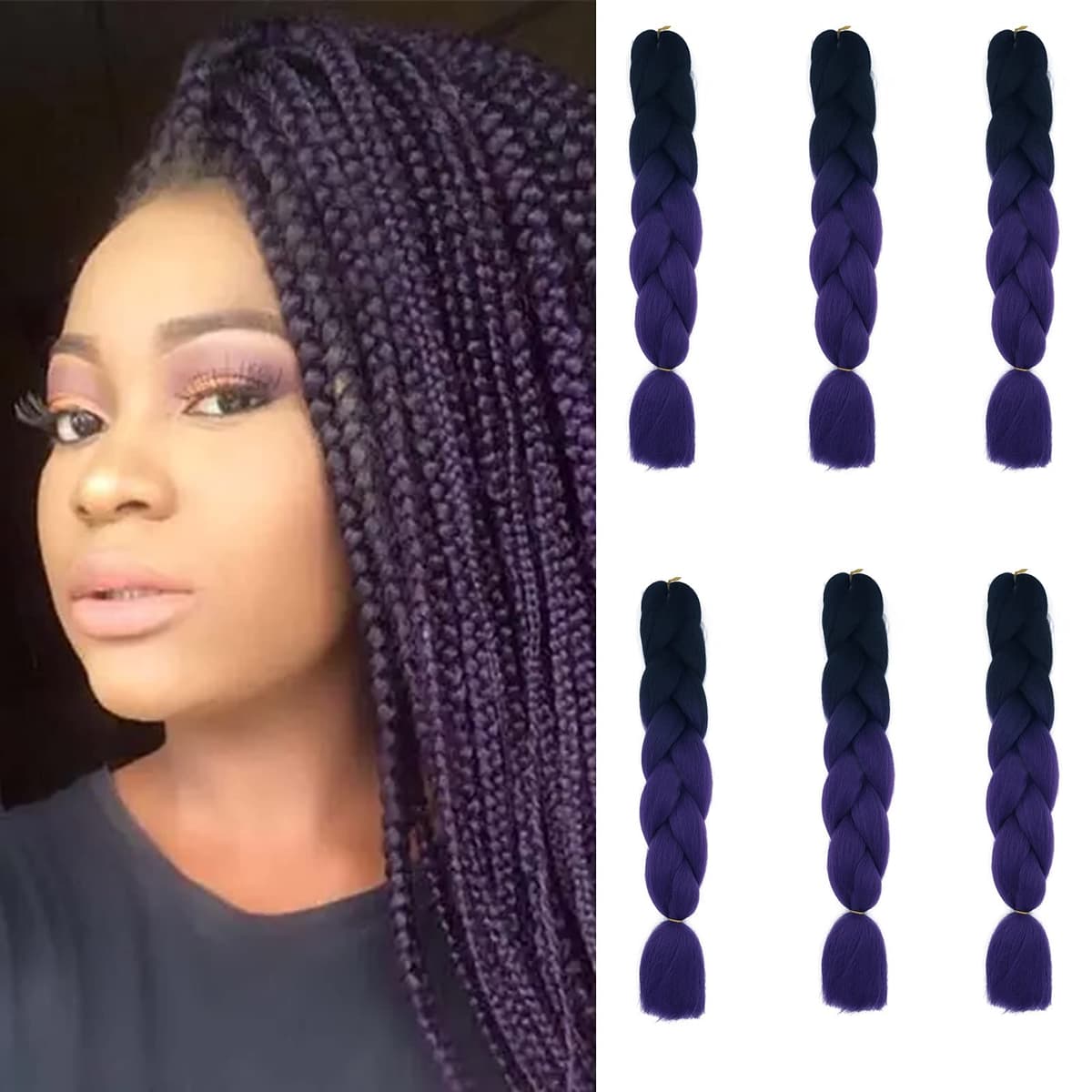 24" Braiding Hair Extension Jumbo Braids Synthetic 3bundles/pack Crochet Hair Afro Box Braid Heat Resistent (Dark Purple) — view 96