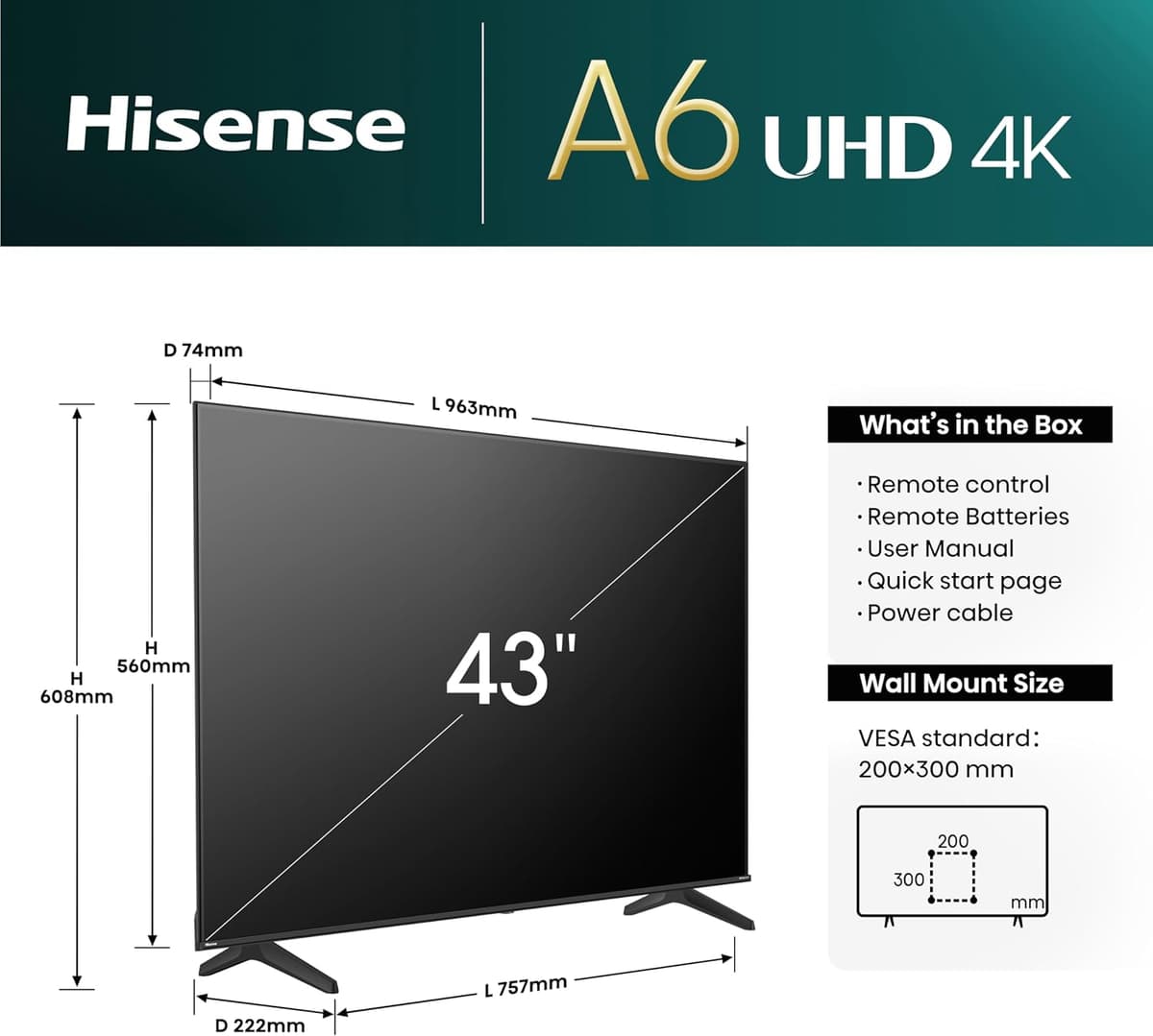 Hisense 43 Inch 4K Smart TV 43A6NTUK - Dolby Vision, Game Mode PLUS with 60Hz VRR ALLM, Smooth Motion, AI Sports Mode, Vidaa OS with Freely, Youtube, Netflix and Disney+ & Now TV (2024 Model) 43 inches A6 2024 TV only — view 4