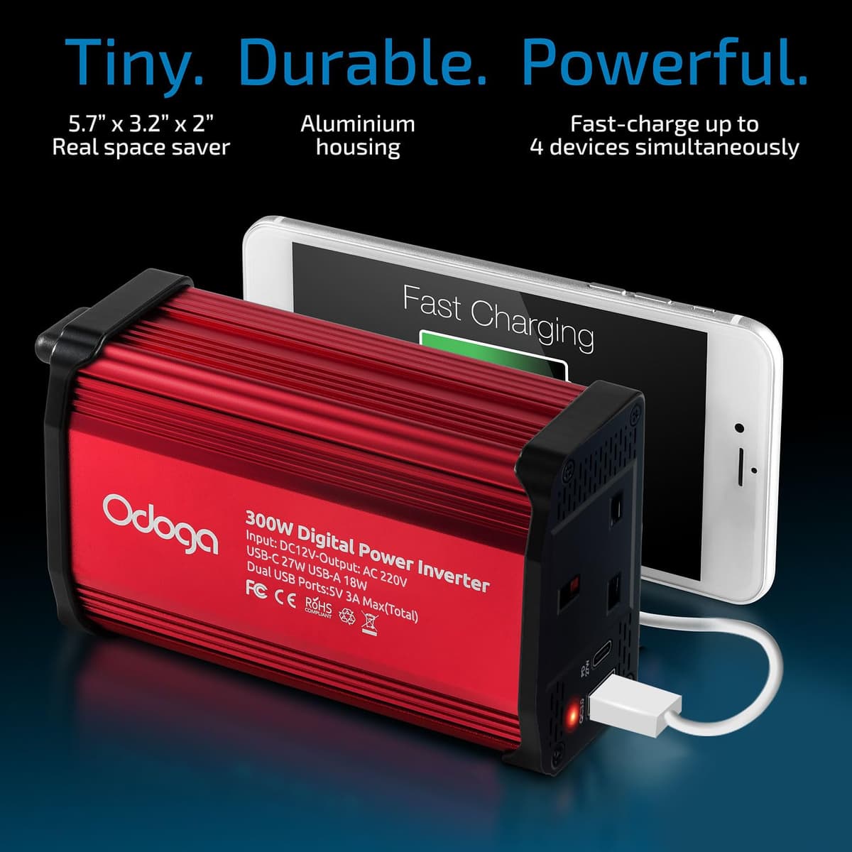 Odoga 300W Car Power Inverter 12V to 240V / 230V Converter, USB-A and USB-C 3A Charging Ports - Charge Your Laptop, iPad, iPhone, Tablet, Consoles & More - Durable and Powerful - Red Aluminum Body — view 5