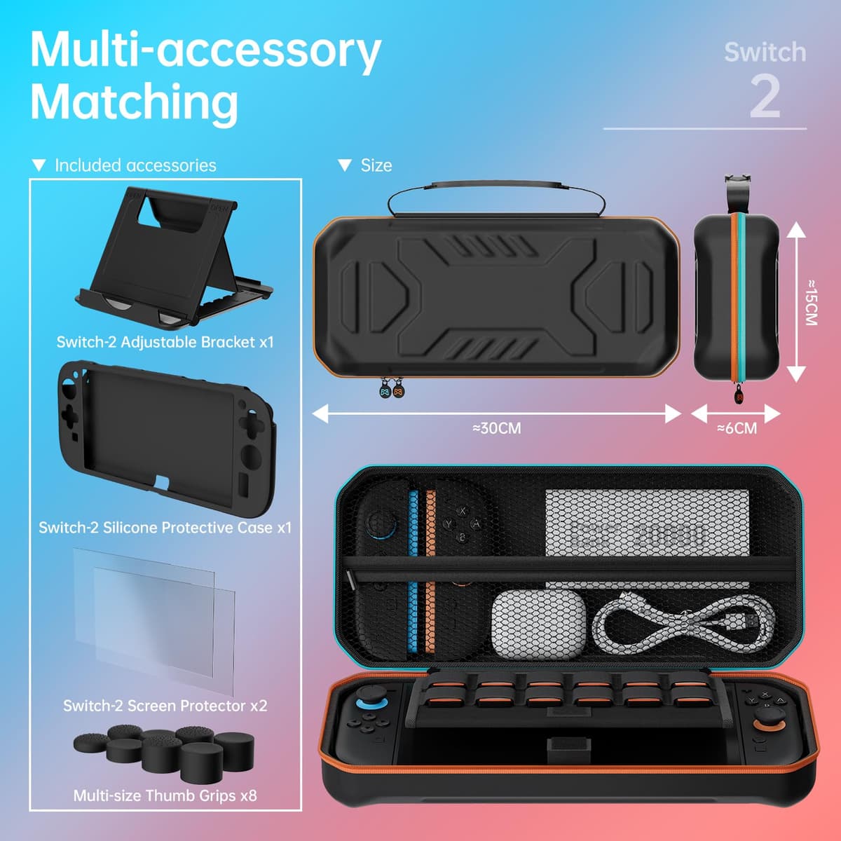 Hosanwell 13 in 1 Case for Nintendo Switch 2, Including 2 Tempered Glass Screens, Silicone Protective Case, Joystick Covers and Stand, Hard Case for Switch 2 — view 2