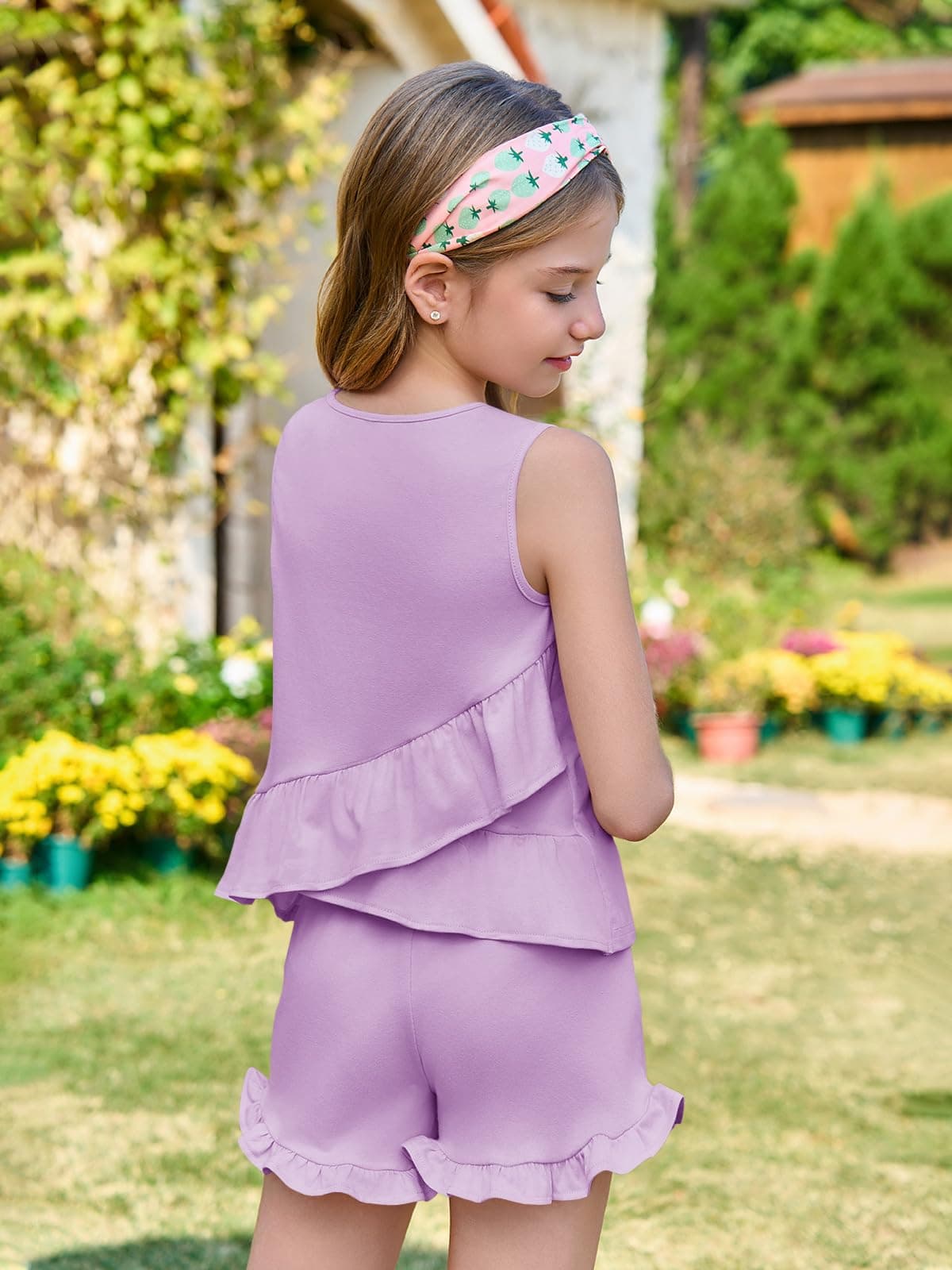 Haloumoning Niñas Conjuntos de ropa de verano con volantes, camisetas sin mangas con pantalones cortos, monocolor, ropa linda, conjuntos de ropa informal, de dos piezas — view 5