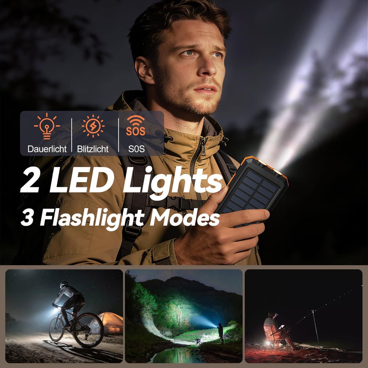 Vikeri Solar Power Bank 26800mAh, Portable Solar Charger, Portable Charger USB C Fast Charging Outdoor with Flashlight 4 Output Ports for Smartphones Tablets and More (Orange) — view 5