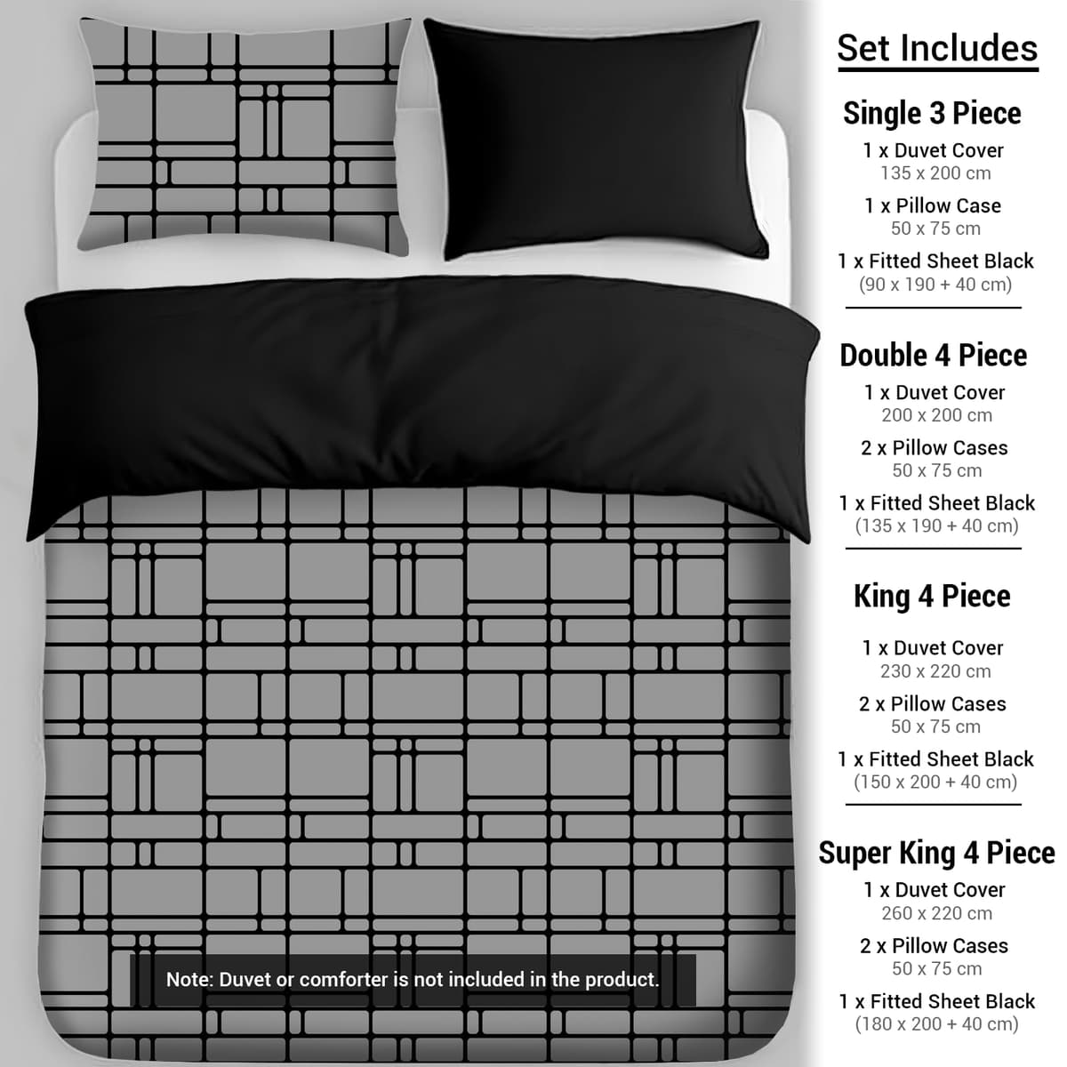 Pamposh 3 Pcs Single Duvet Cover Set with Matching Black Single Fitted Sheet 40 cm Extra Deep Pocket - UltraSoft Breathable Premium Microfibre Reversible Quilt Cover Bedding Set For All Seasons — view 11