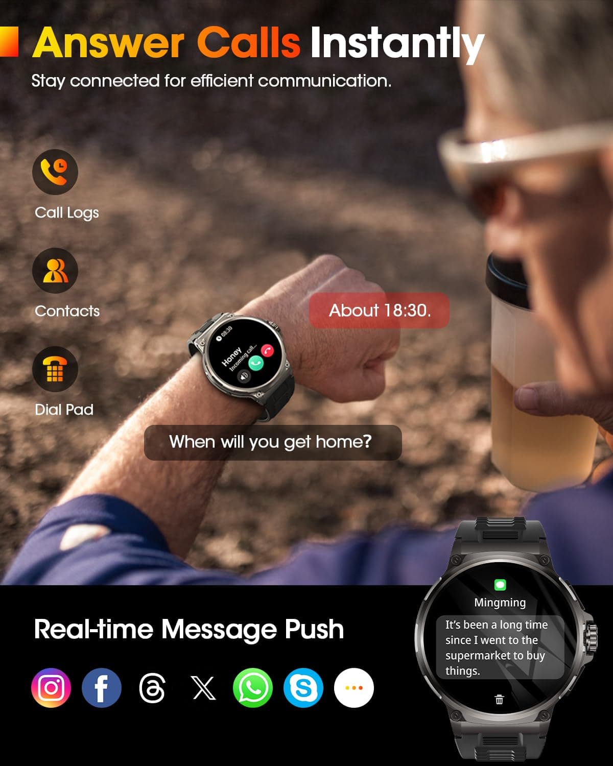 Reloj Inteligente Hombre con 1000mAh Batería, 1.92" AMOLED, 5ATM Impermeable Smartwatch Militar con Llamadas, 120+ Modos Deportivos, 24/7 Pulsómetro/Sueño/Podómetro Pulsera Actividad Android iOS Negro — view 5