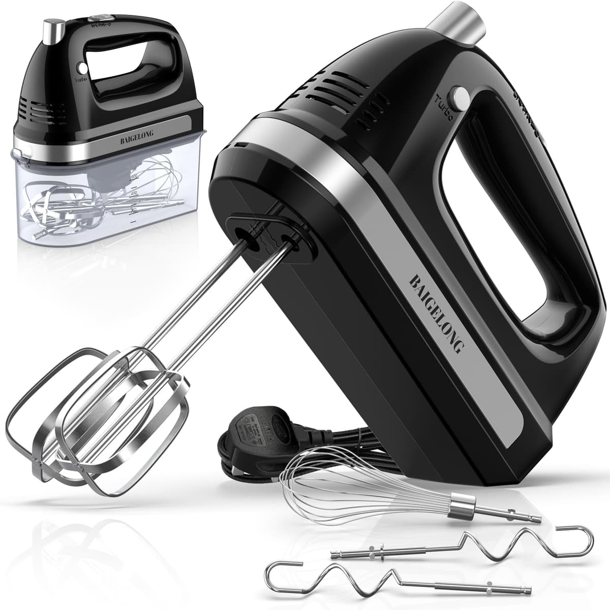 BAIGELONG Hand Electric Mixer, 300W Ultra Power Food Kitchen Mixer with 5 Self-Control Speeds + Turbo Boost, 5 Stainless Steel Attachments Handheld Blender for Baking, PINK — view 10