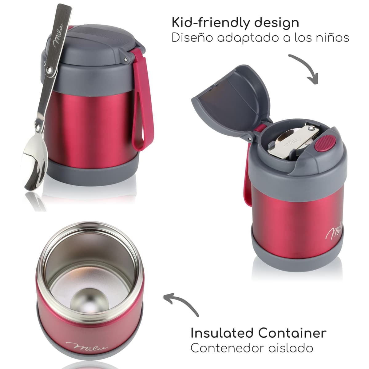 Milu Termo para Comida 300ml, 440ml, 450ml, 650ml, 800ml Taza Aislada, Botella de Acero Inoxidable Aislada para Alimentos, Beber y sopa de adultos A prueba de fugas Térmico (300ml/Bayas) — view 5