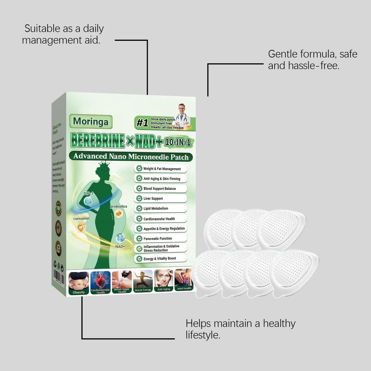 6 Cajas Moringa x Berberine Patch 10 en 1, Parche Avanzado de Nano Microagujas, Ingredientes Naturales, Parche de Metabalance Profesional, Fácil de Aplicar, para Hombres y Mujeres (6 Cajas) — view 7