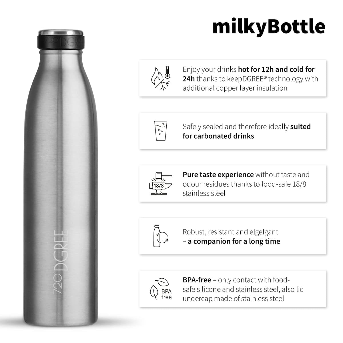 720°DGREE Botella Agua Acero Inoxidable “milkyBottle“ – 1litro - Sin BPA Free, Antigoteo y Prueba de Fugas - Frasco térmico, Cantimplora Aislada - Bebida con Gas, Deporte, Escuela, Gimnasio Exteriore — view 2