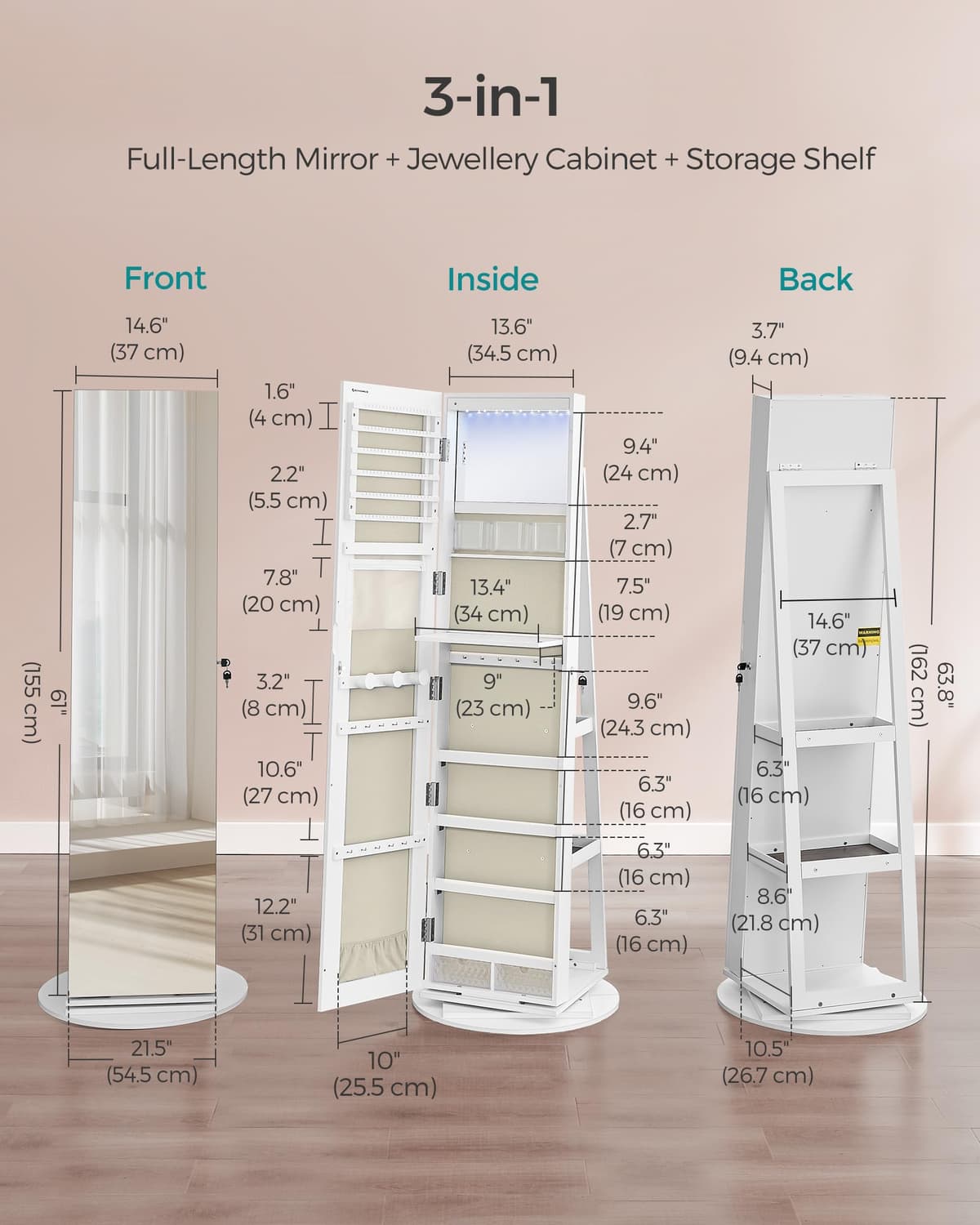 SONGMICS 6 LEDs Mirror Jewellery Cabinet, 360° Swivel Jewellery Storage Organiser, Lockable, Free-Standing Frameless Full-Length Mirror with Storage, White Surface, Greige Lining JJC007W02 — view 5