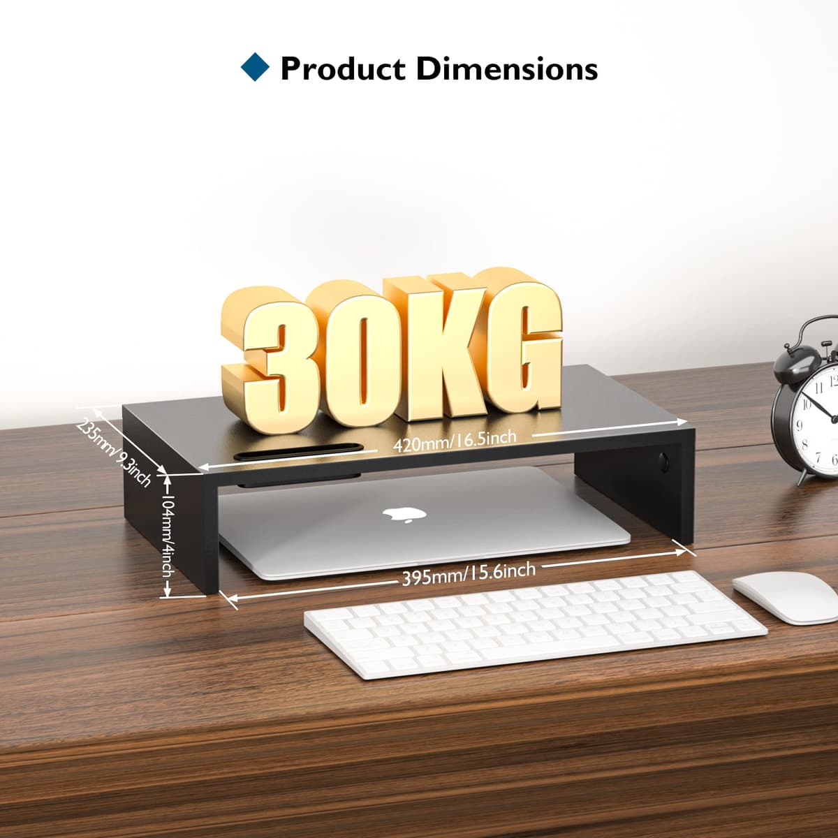 BONTEC Elevador Monitor de Madera para Monitor, Soporte para Monitor Escritorio de 1 Nivel con Gestión de Cables para Ordenador, Portátil, IMac, PC, Negro (W420 x D235 x H104mm) — view 5
