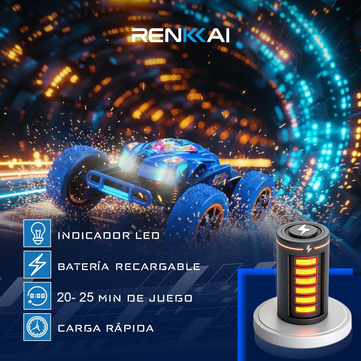 RENKKAI Coche Teledirigido Niños 3 4 5 6 7 8 Años | Coche teledirigido niños 4 años | Juguete Niño Regalo 3 4 5 6 7 8 9 12 Años | 2.4Ghz con Luces | Coches para Niños | ACROBÁTICO 360° — view 4