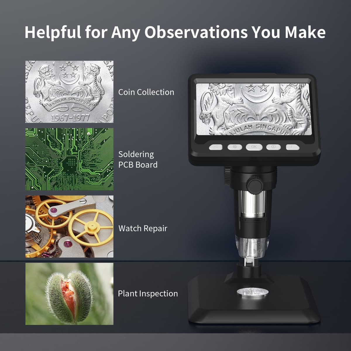 Digital Microscope, 4.3 Inch Coin Microscope 1000X, 1080P Compound,Coin Magnifier with 8 Adjustable LED Light, PC View-Microscopy Black — view 5