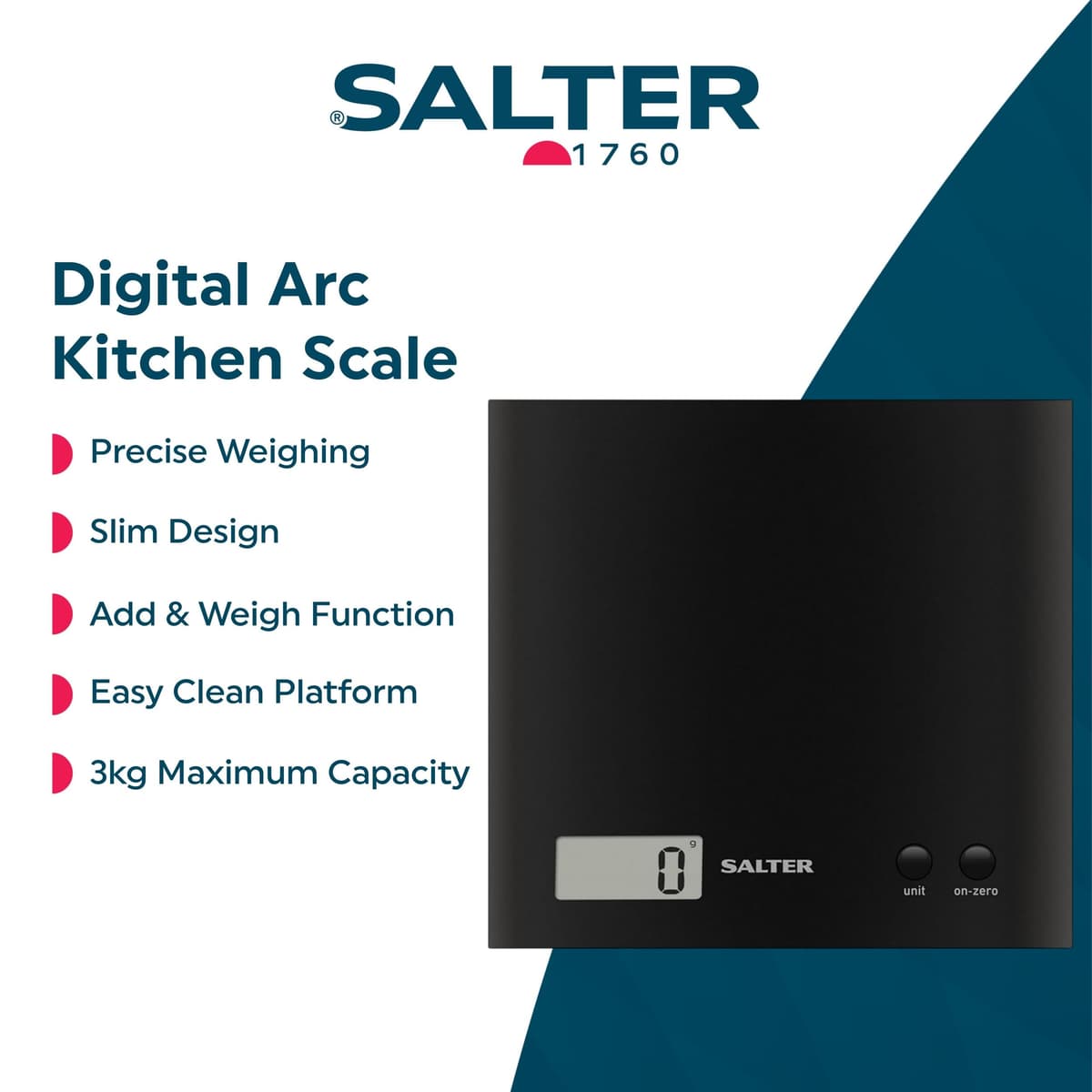 Salter Arc Kitchen Scale – Digital Food Weighing Scales For Precise Cooking/Baking, Slim Platform for Compact Storage, Add & Weigh/Tare Function, 3kg Capacity, Battery Included, Black — view 2