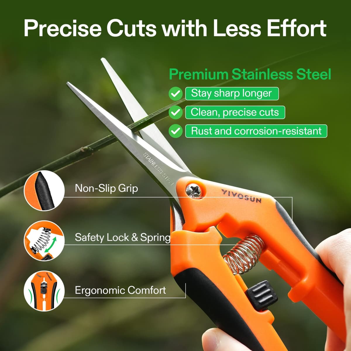 VIVOSUN 6.5 Inch Gardening Scissors Hand Pruner Pruning Shear with Straight Stainless Steel Blades Orange 1-Pack — view 4