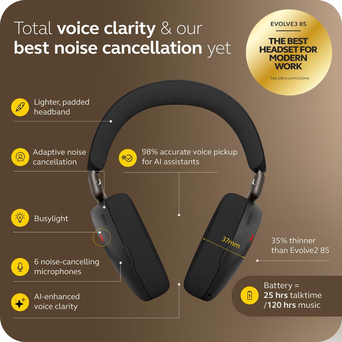 Jabra Evolve3 85 Over-Ear Wireless Bluetooth Headset with Mic and Wireless Charging Stand for Work, USB-C, AI Voice Call Technology, Adaptive ANC, 25-Hour Battery, Microsoft Teams Certified, Black — view 2