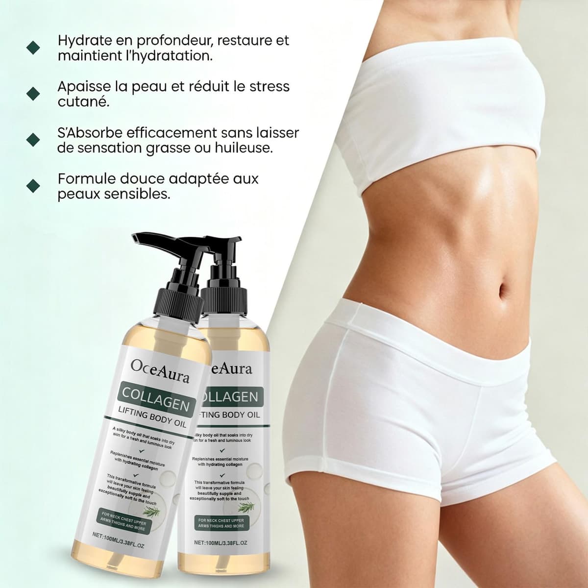 OceAura colageno aceite corporal, OceAura aceite corporal reafirmante - 100ml, Corporal Nutritivo, Arrugas Y Estrías En Cuello, Pecho, Brazos (1 botella) — view 3