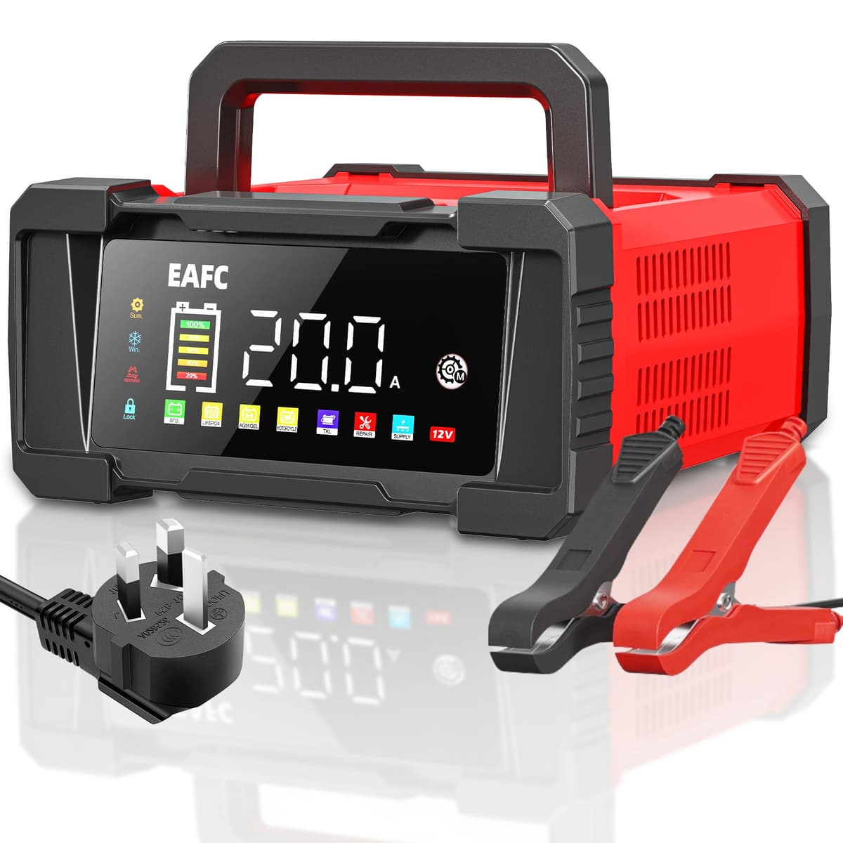 EAFC 20Amp 12V/24V Smart Car Battery Charger & Maintainer – Automatic Lead-Acid & LiFePO4 Battery Charger for Car, Motorcycle, Truck, Boat, Lawn Mower with LCD Display, Trickle Charge & Repair Mode